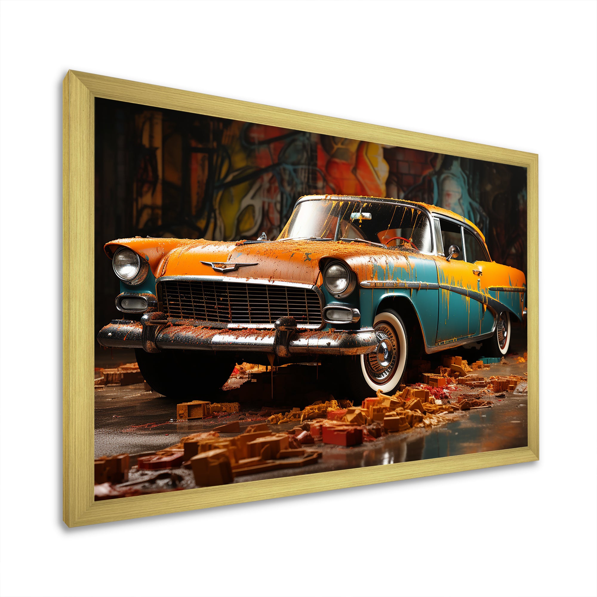 Green And Yellow Old American Car - Car Vintage Canvas Wall Art