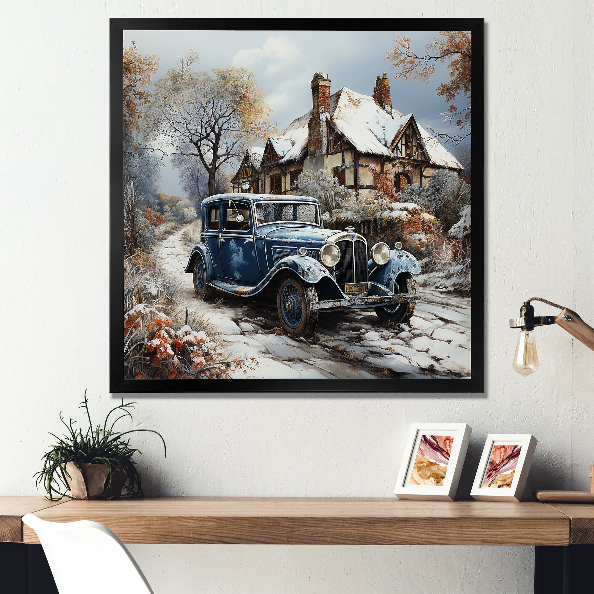 1930s Vintage Car Charm In Winter - Car Vintage Canvas Wall Art