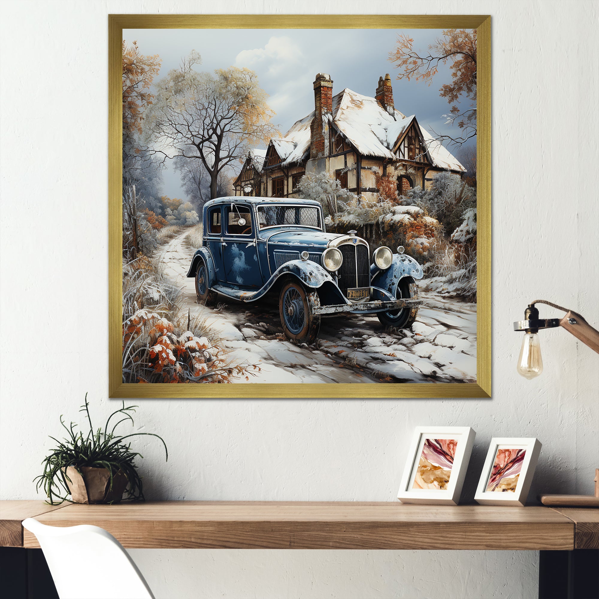 1930s Vintage Car Charm In Winter - Car Vintage Canvas Wall Art