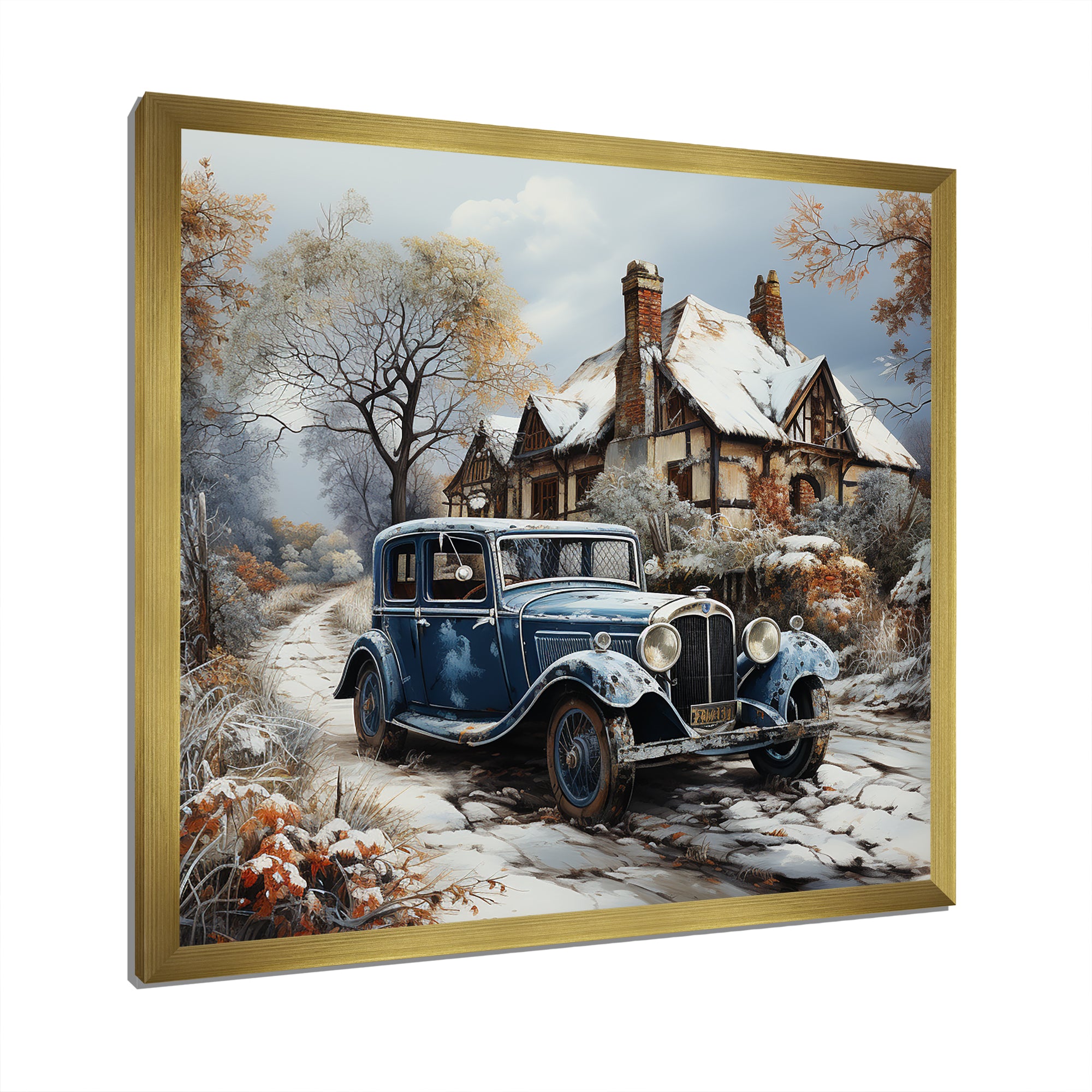 1930s Vintage Car Charm In Winter - Car Vintage Canvas Wall Art