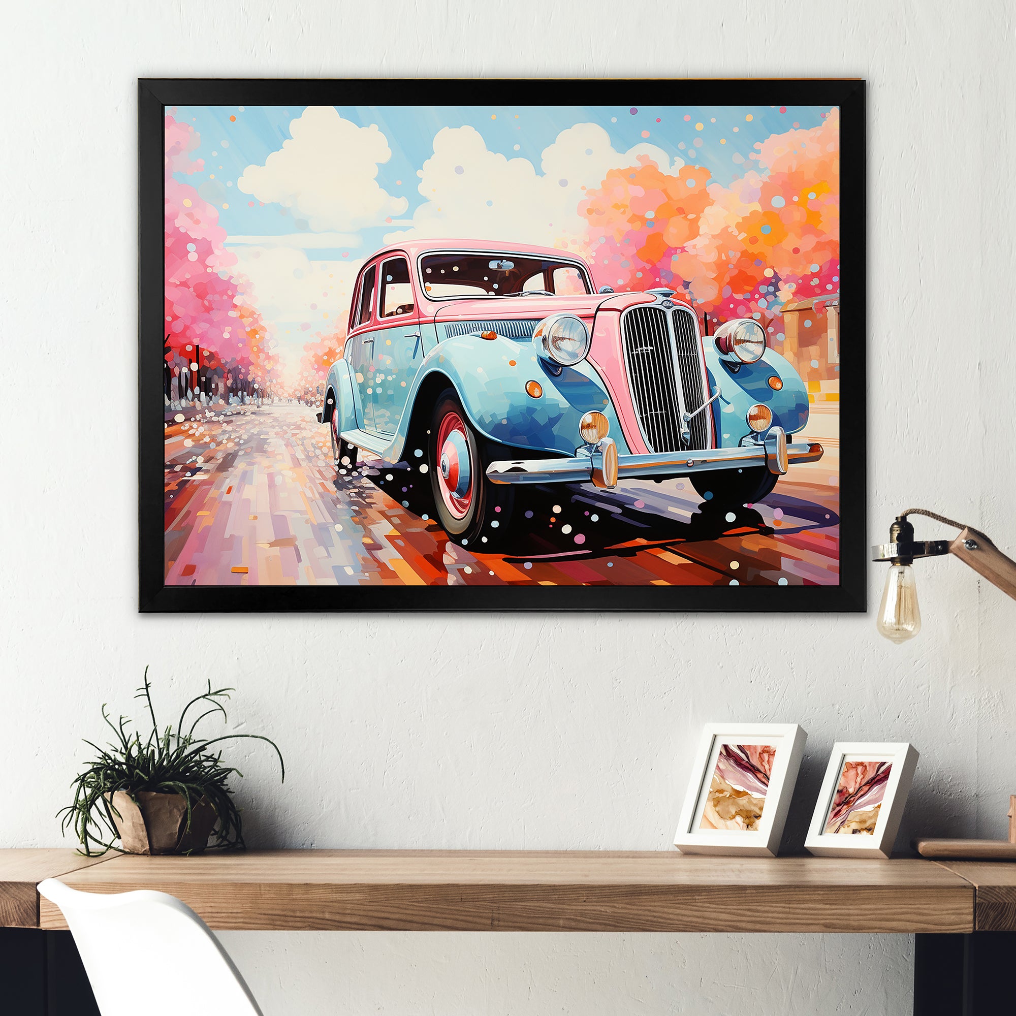Pastel Vintage Pink Car Adventure - Car Vintage Canvas Wall Art