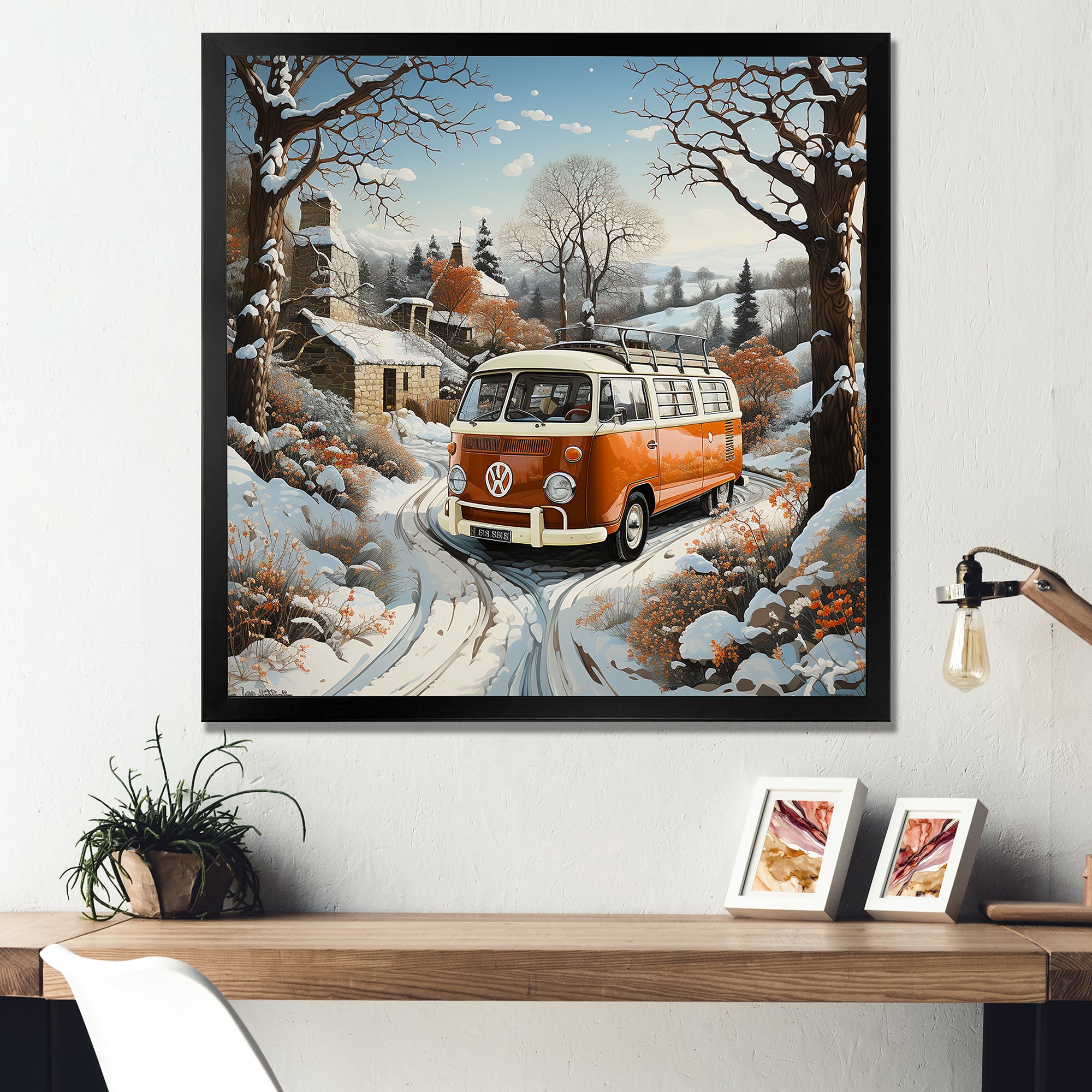 Hippie Van Charm In Winter - Car/Van Canvas Wall Art