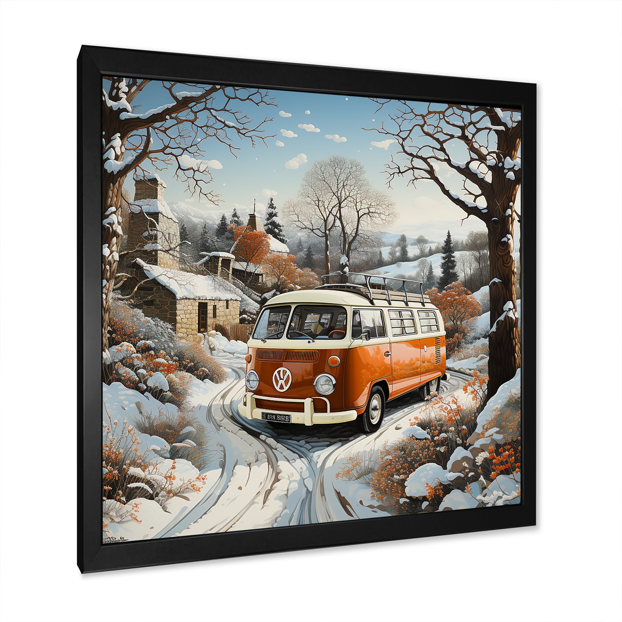 Hippie Van Charm In Winter - Car/Van Canvas Wall Art