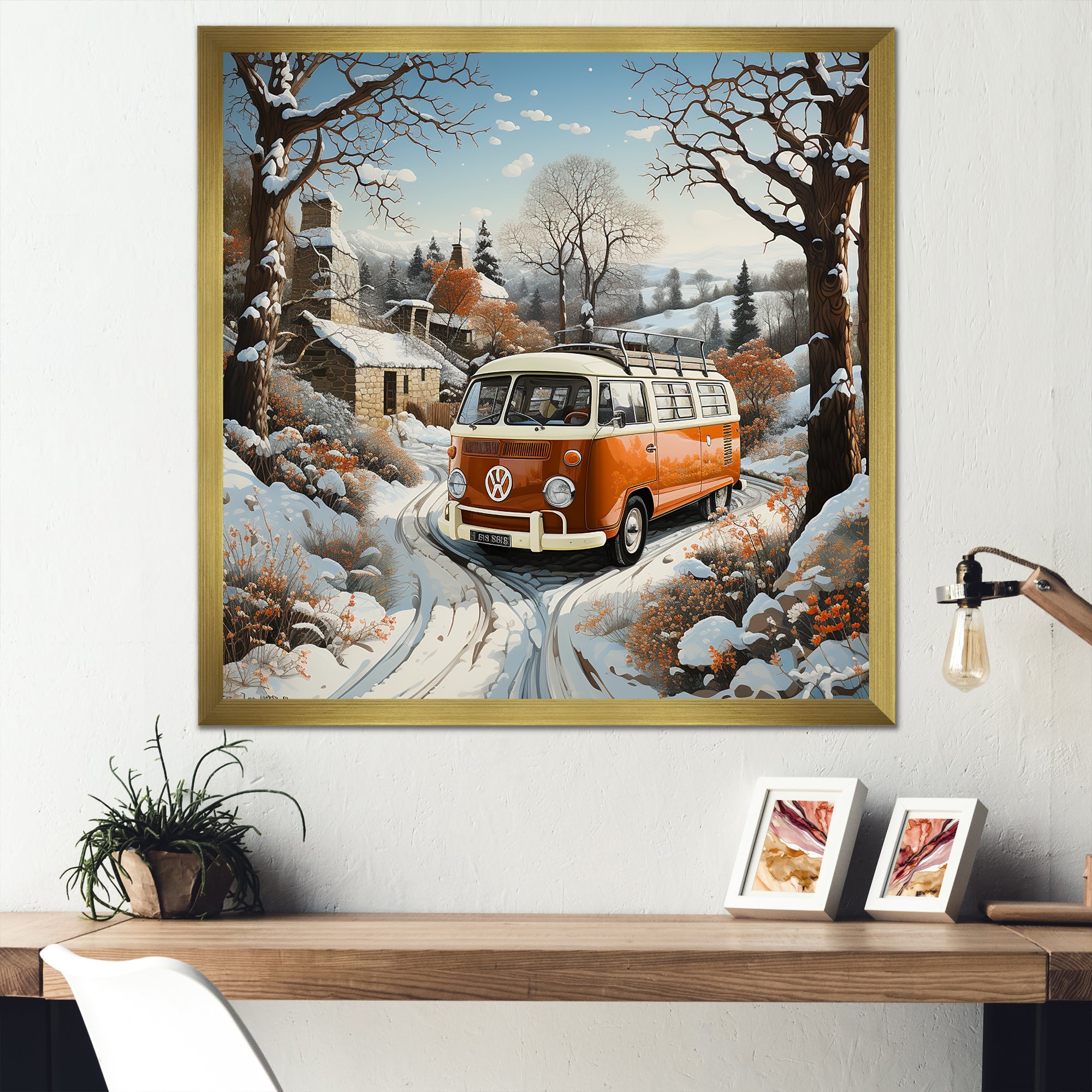 Hippie Van Charm In Winter - Car/Van Canvas Wall Art