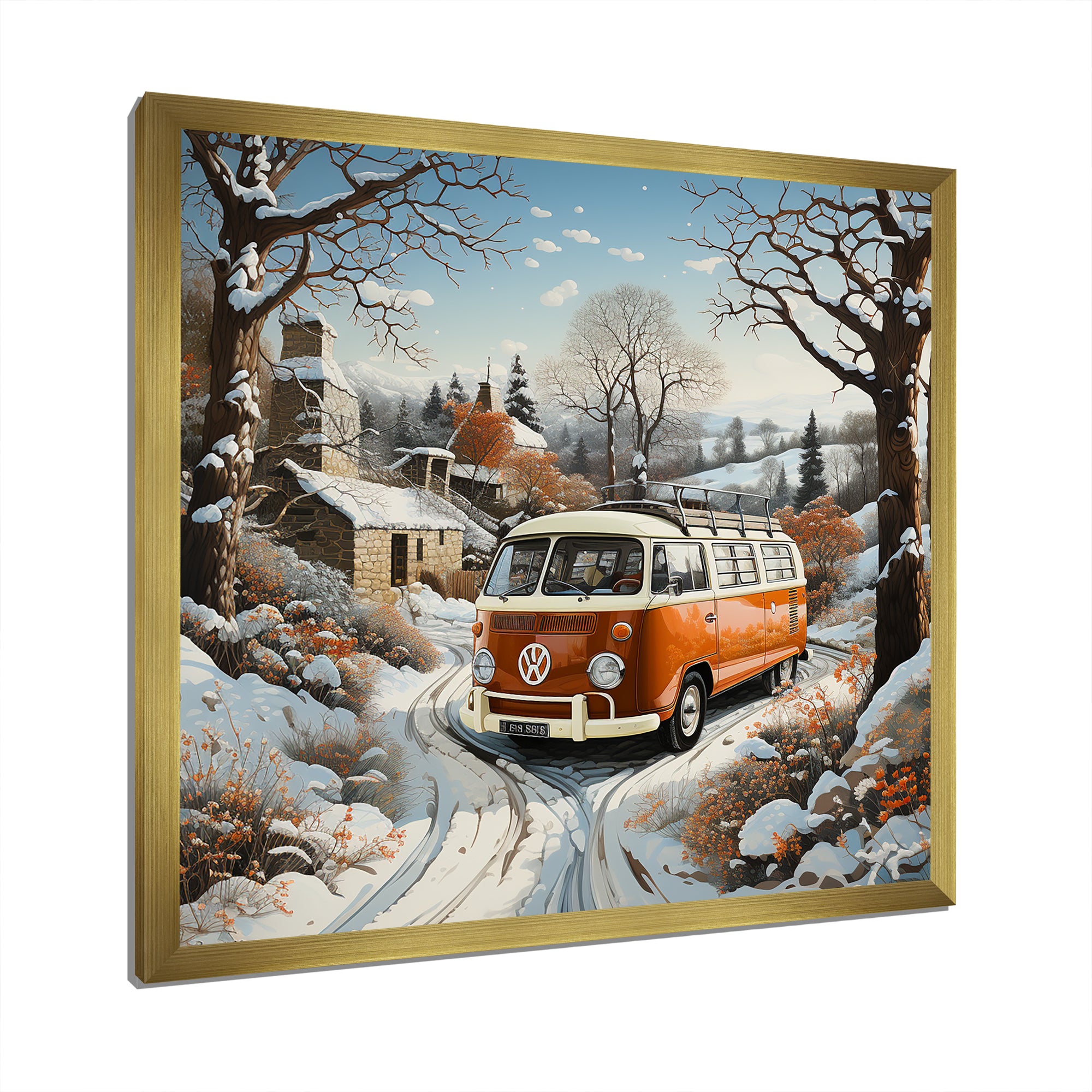 Hippie Van Charm In Winter - Car/Van Canvas Wall Art