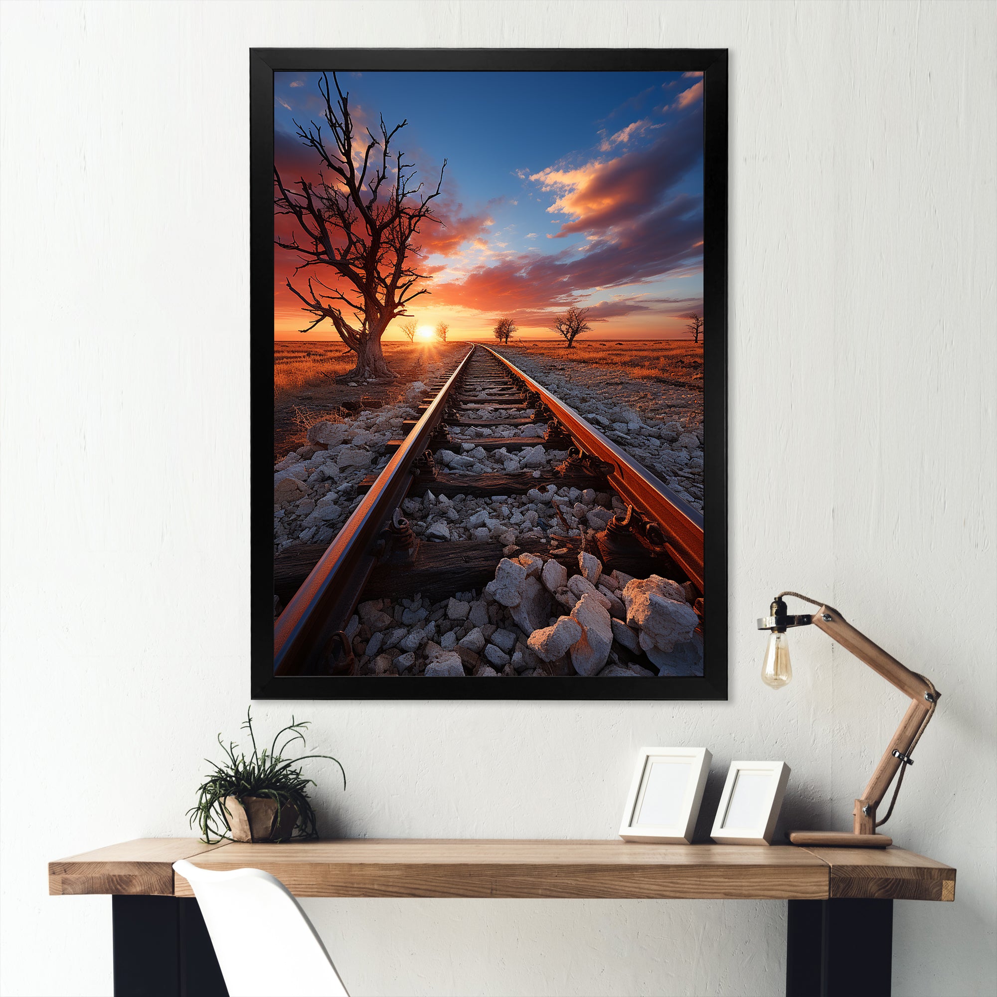 Railway Track In Sunset Landscape - Train Canvas Wall Art