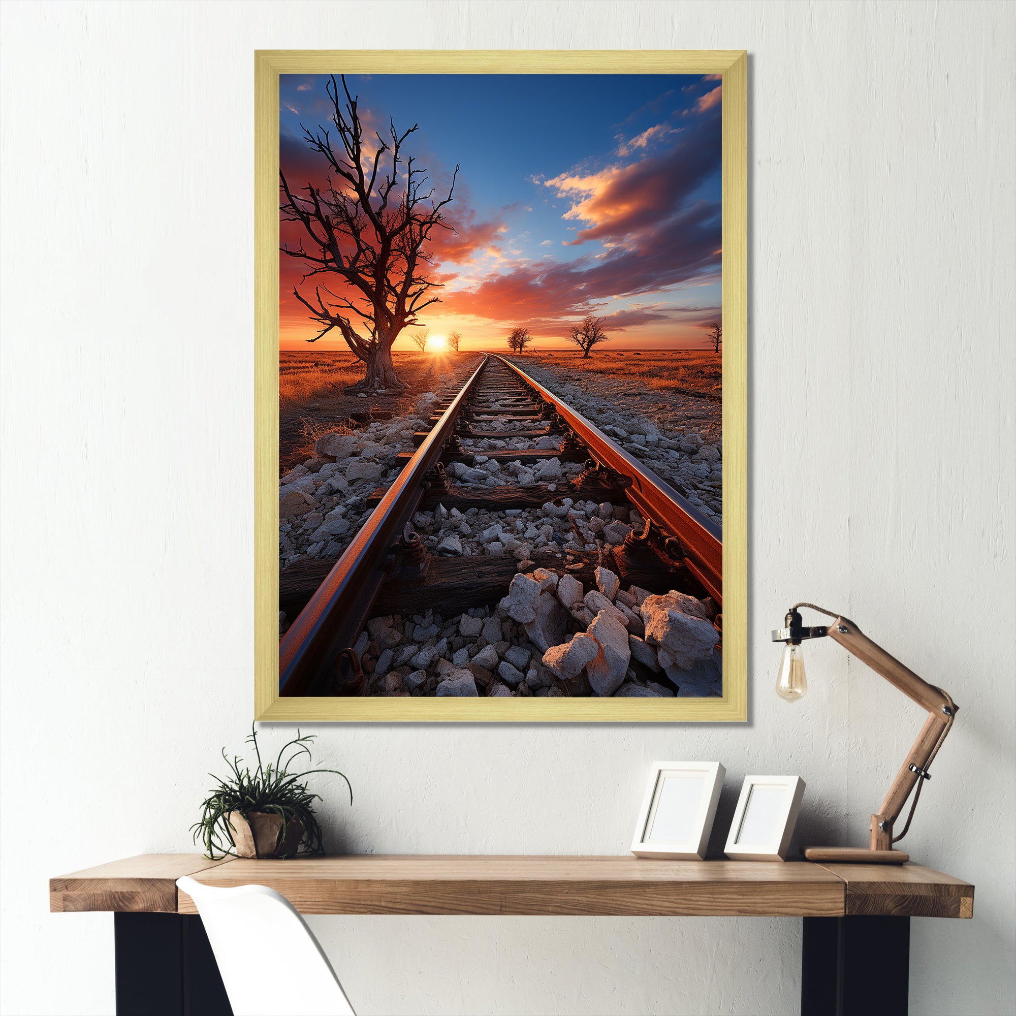 Railway Track In Sunset Landscape - Train Canvas Wall Art
