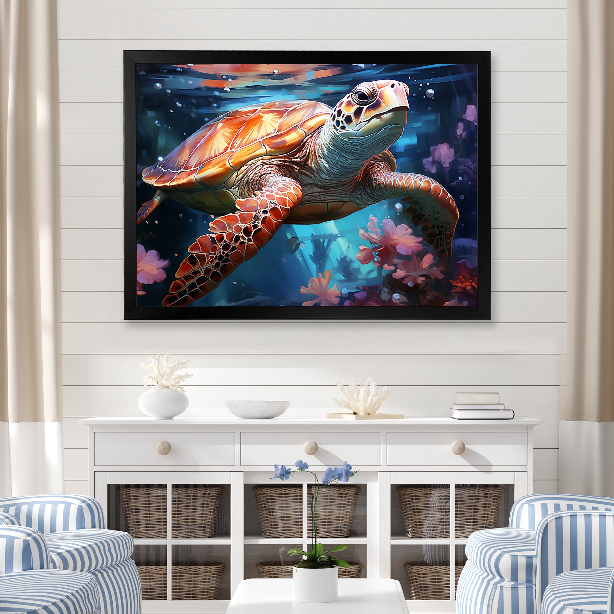 Oceanic Turtle Elegance - Coral Turtle Wall Art