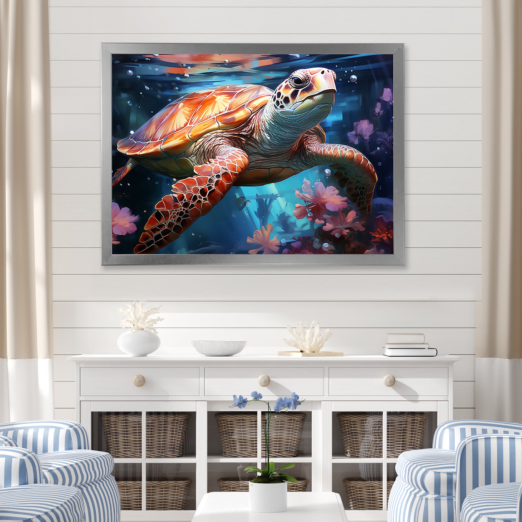 Oceanic Turtle Elegance - Coral Turtle Wall Art