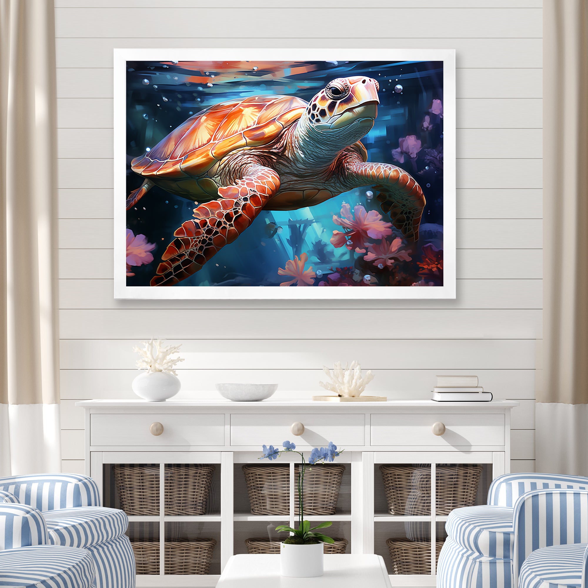 Oceanic Turtle Elegance - Coral Turtle Wall Art
