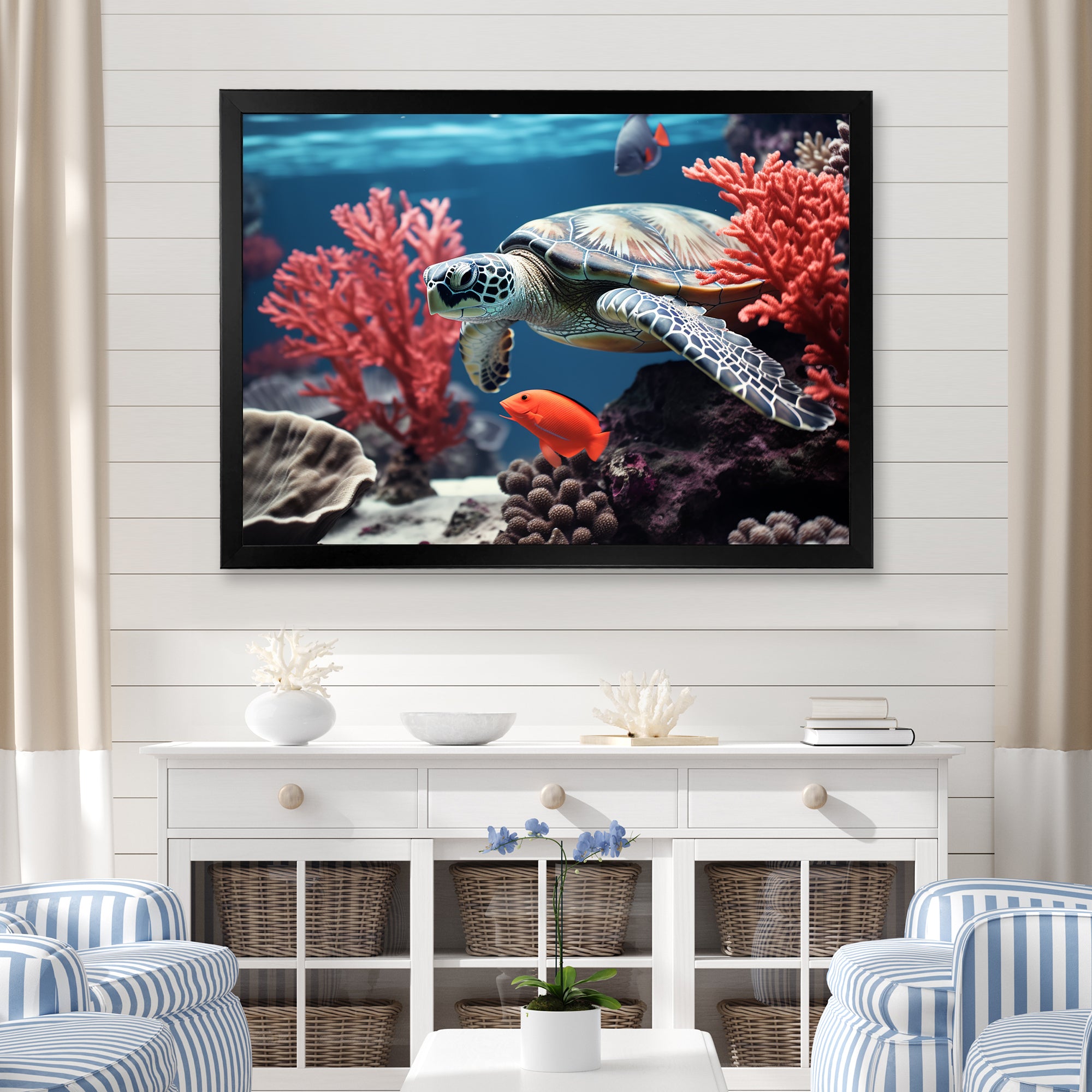 Monochrome Coral And Grey Turtle Paddle - Turtle Canvas Wall Art