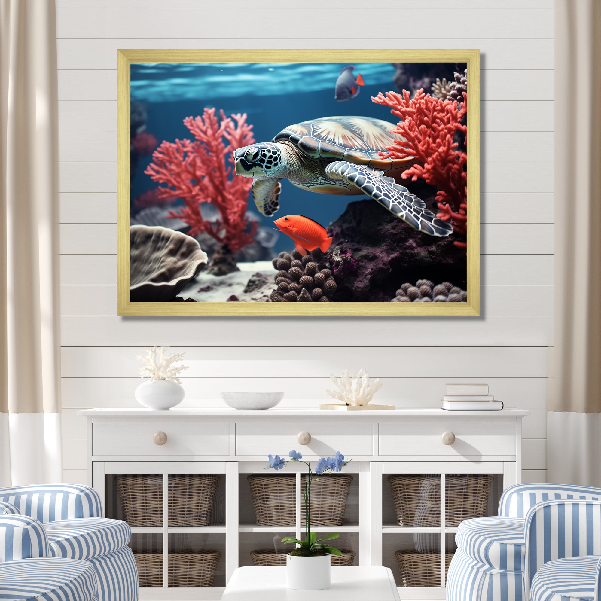 Monochrome Coral And Grey Turtle Paddle - Turtle Canvas Wall Art