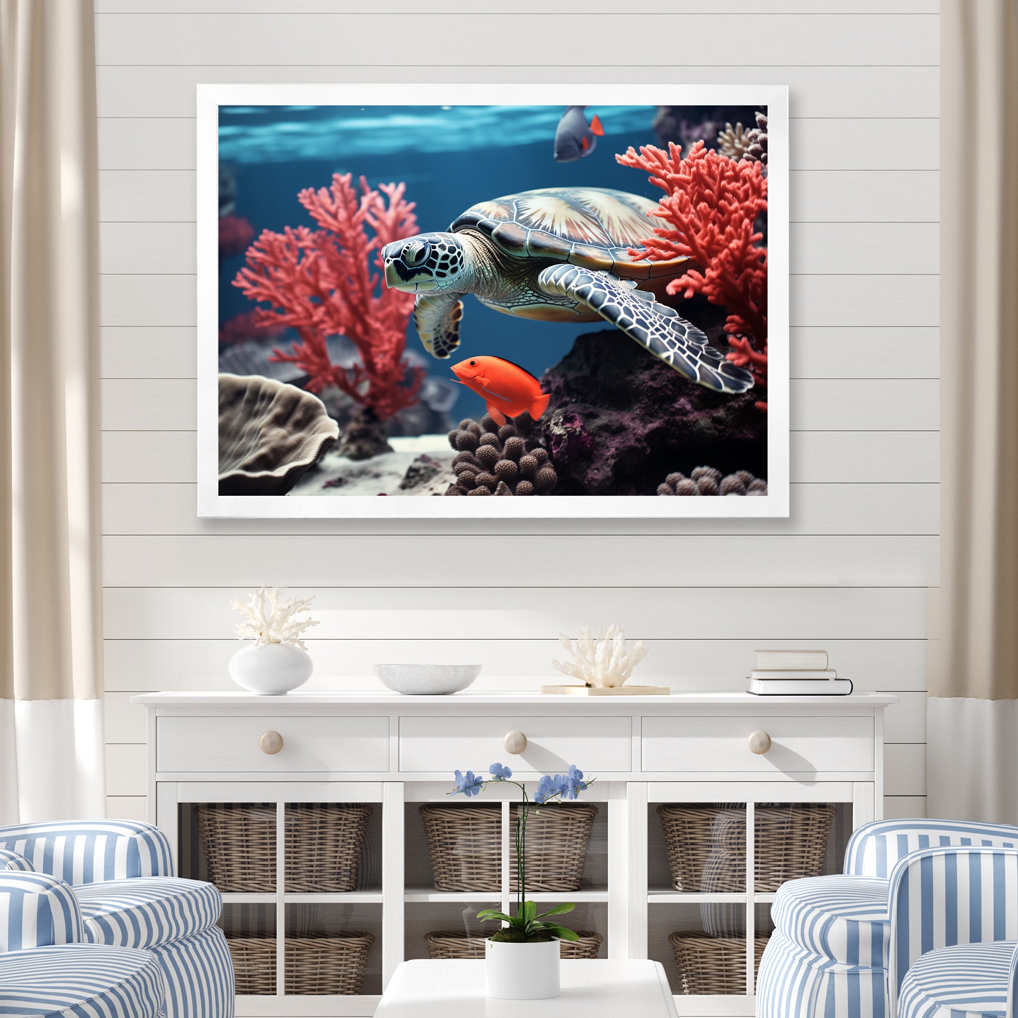 Monochrome Coral And Grey Turtle Paddle - Turtle Canvas Wall Art