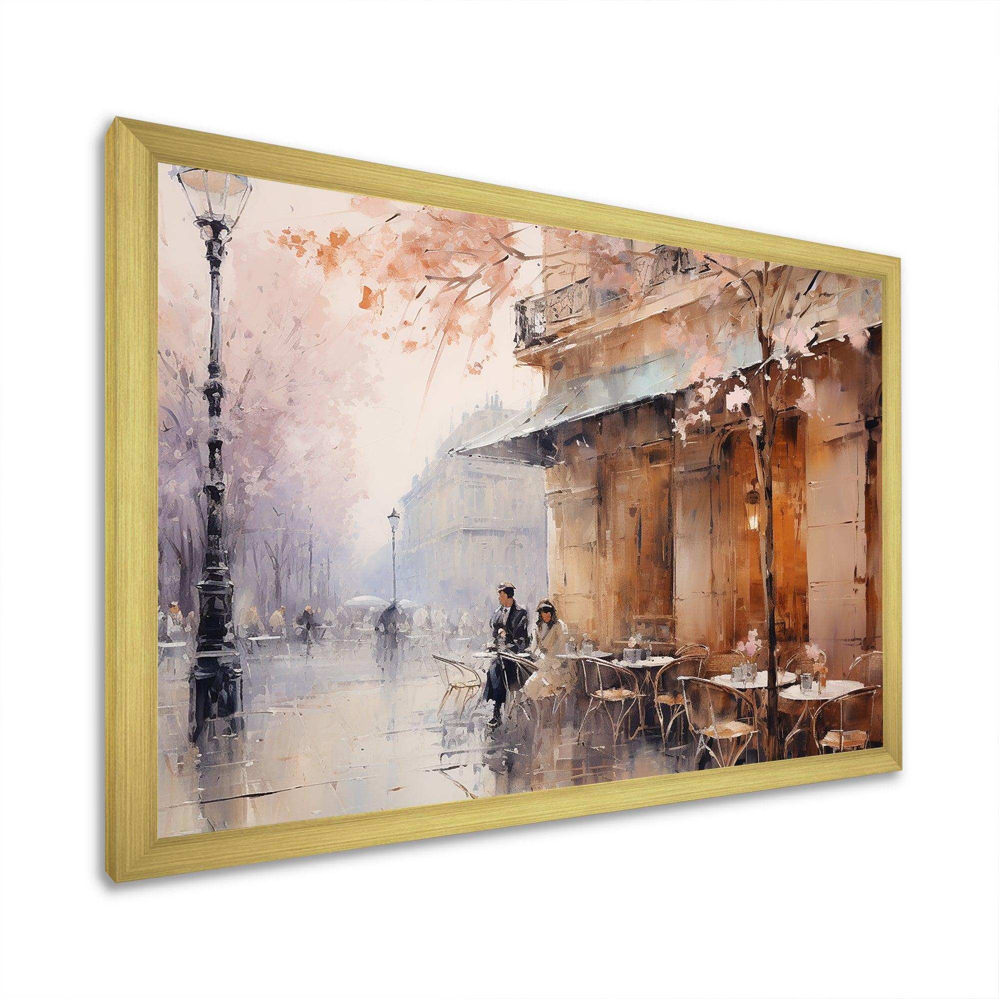 Peach Impressionist Cafe In Paris - Cityscapes Canvas Wall Art