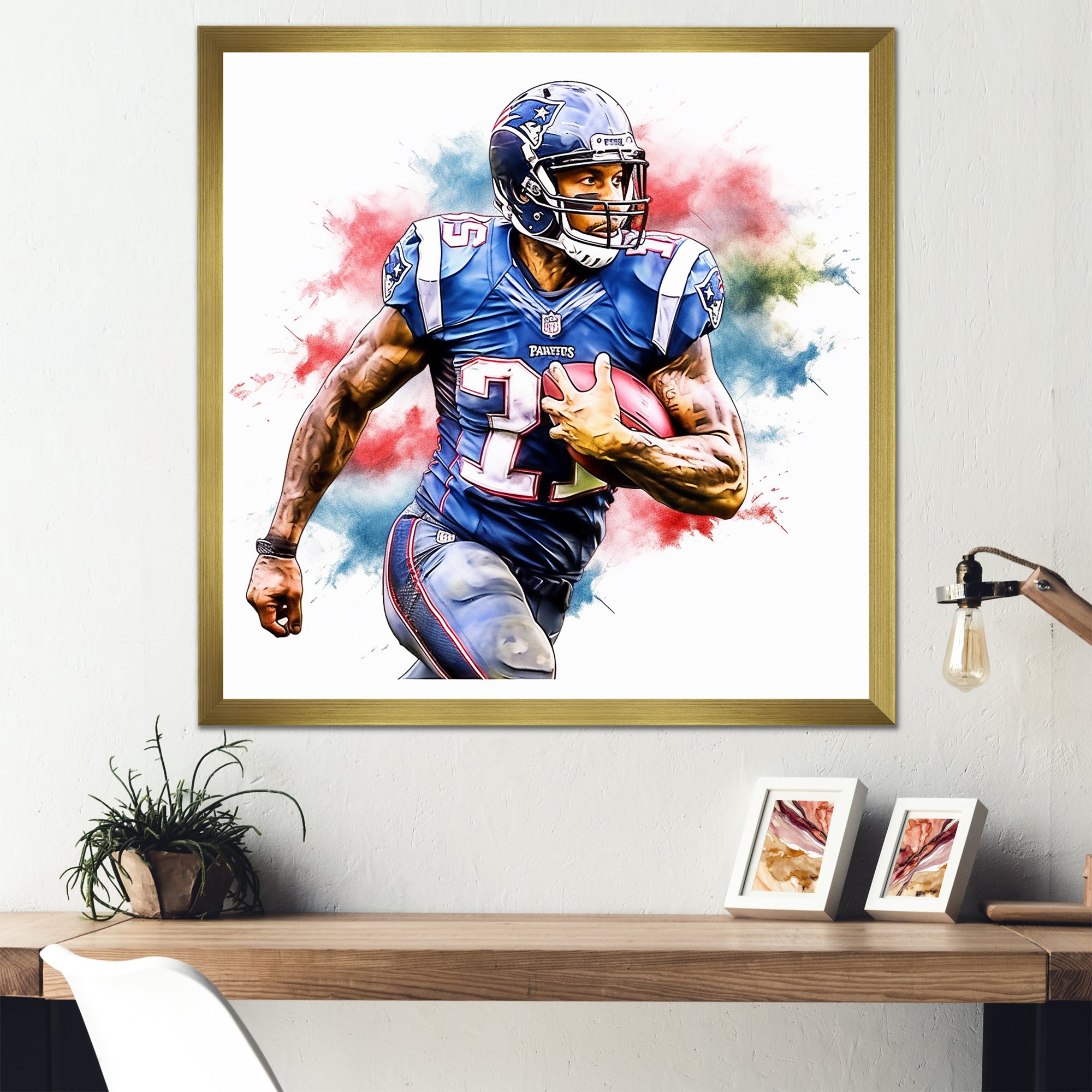 Watercolor Football Player In Action - Football Canvas Wall Art