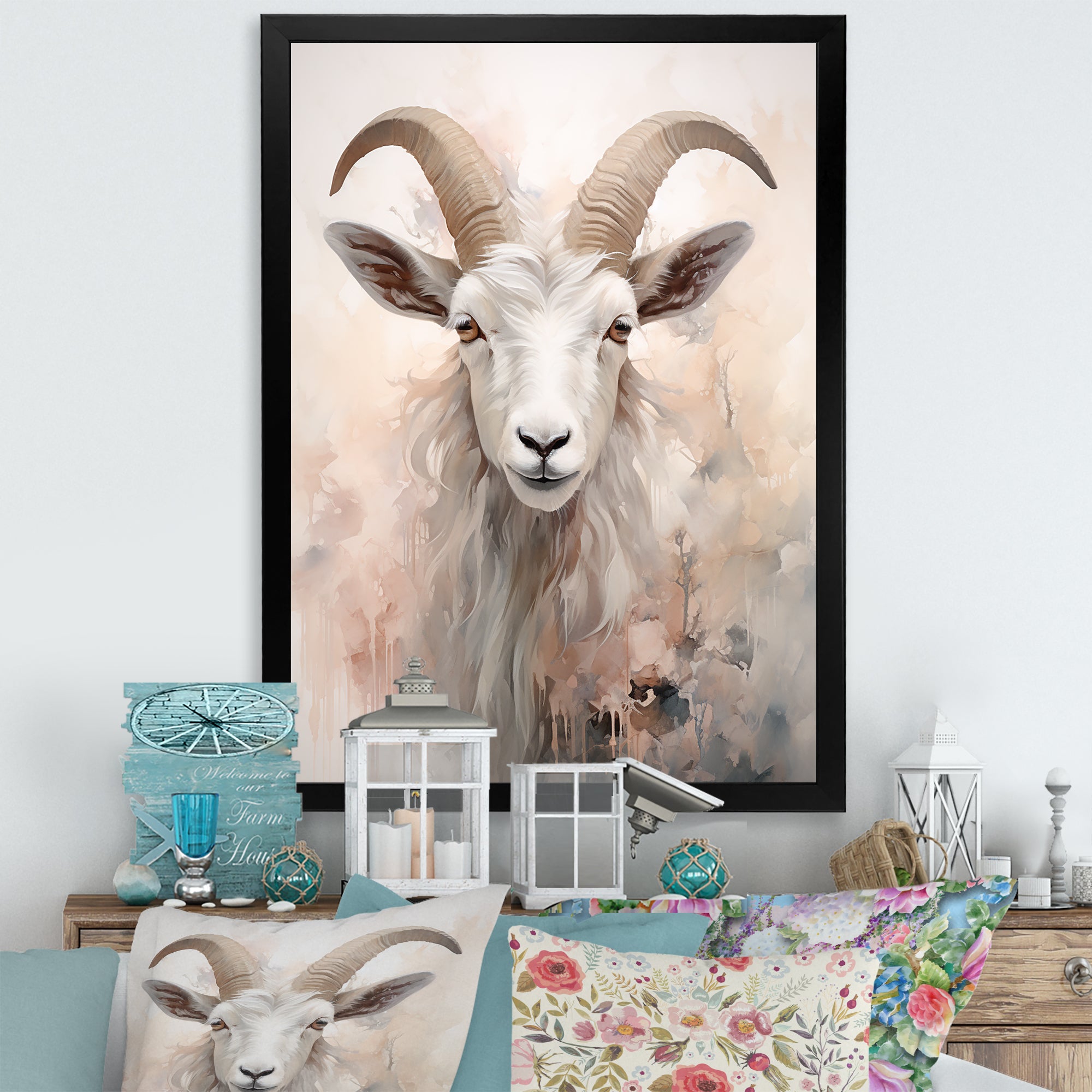 Cute Floral Beige Goat - Goat Canvas Wall Art