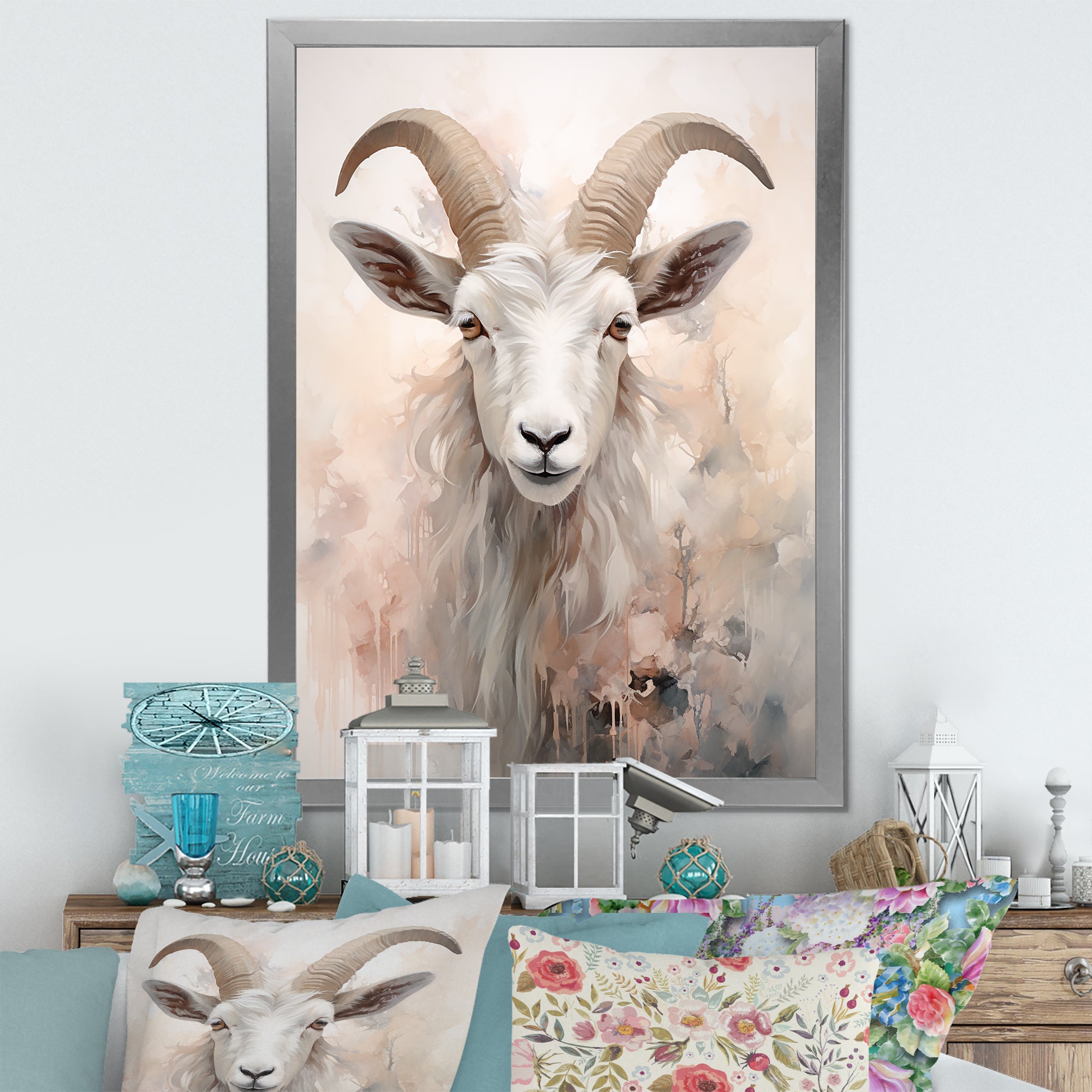 Cute Floral Beige Goat - Goat Canvas Wall Art