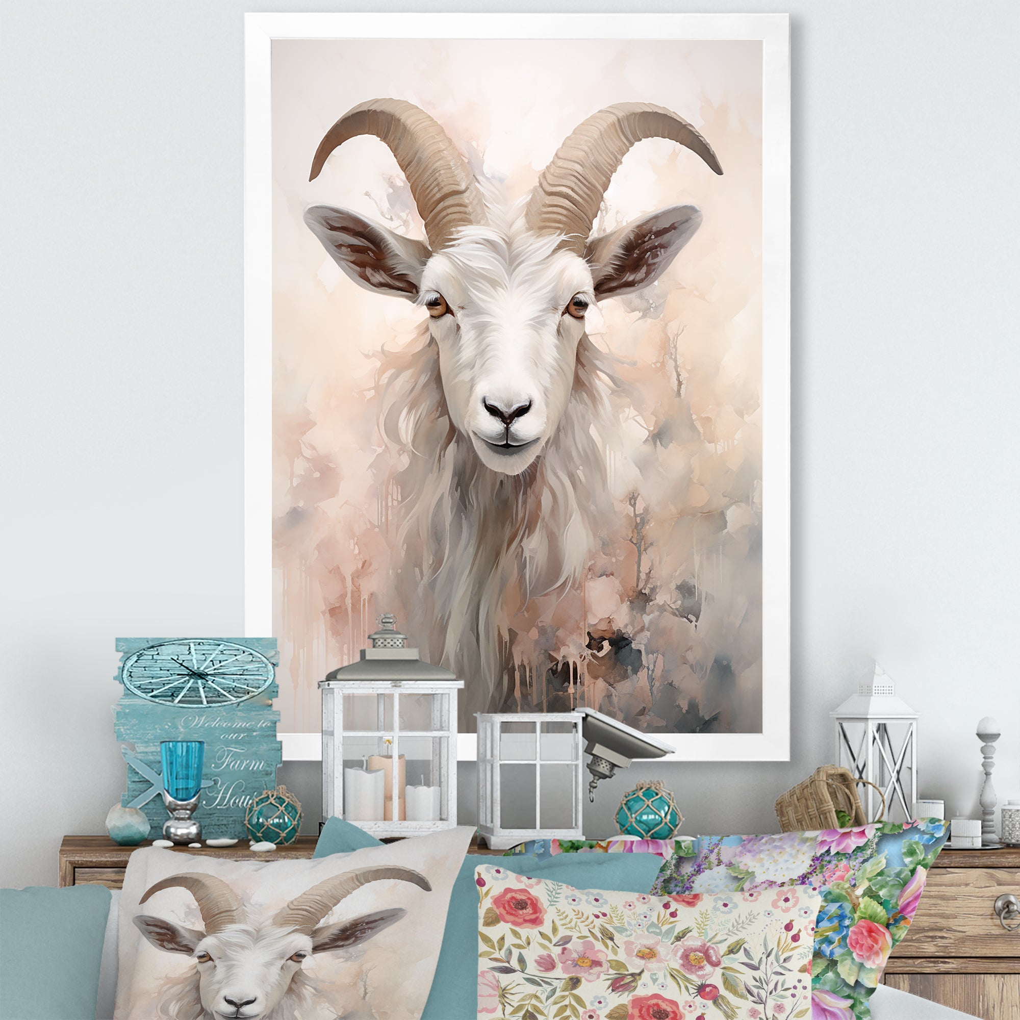 Cute Floral Beige Goat - Goat Canvas Wall Art