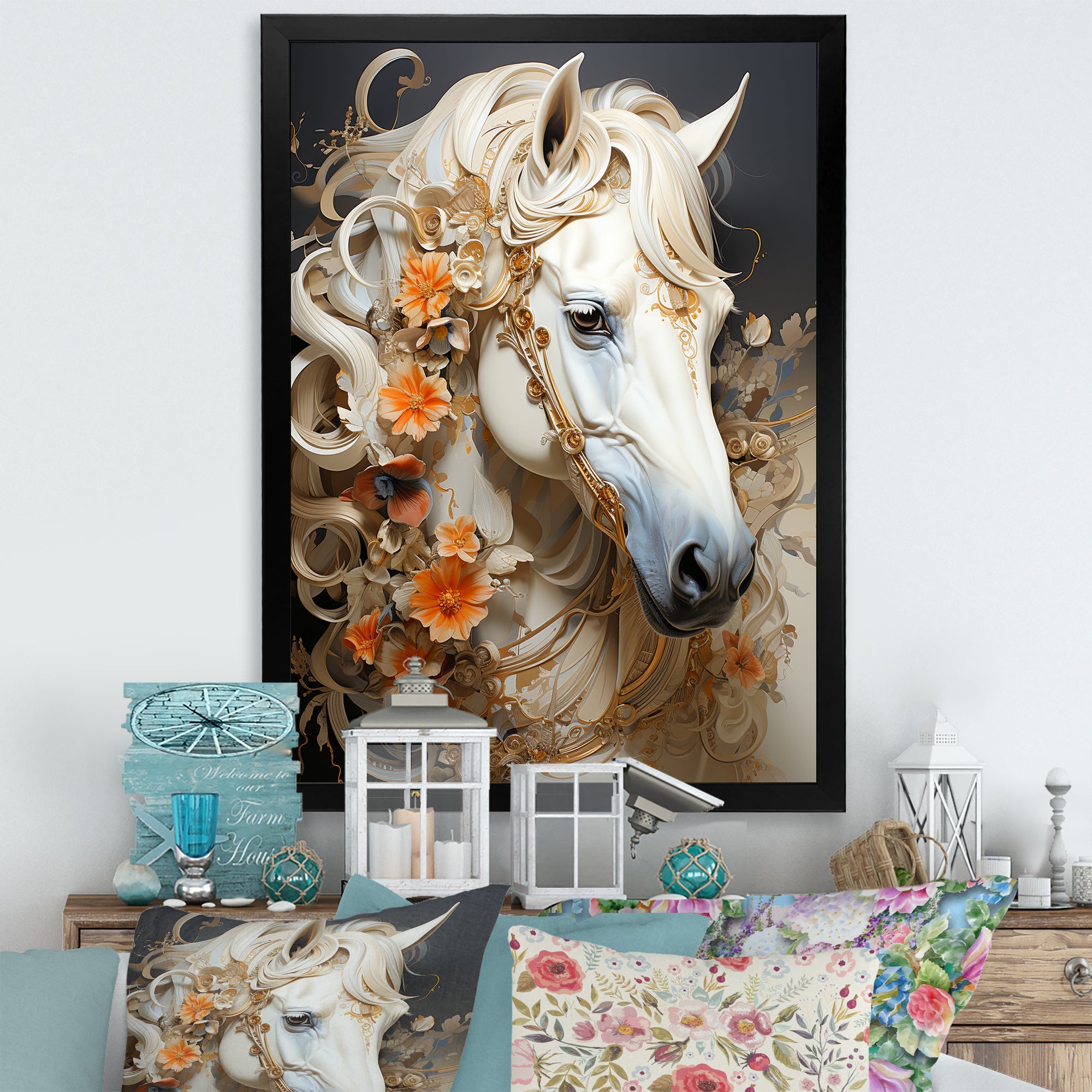 Floral Golden Feminine Horse - Beige Horse Wall Art
