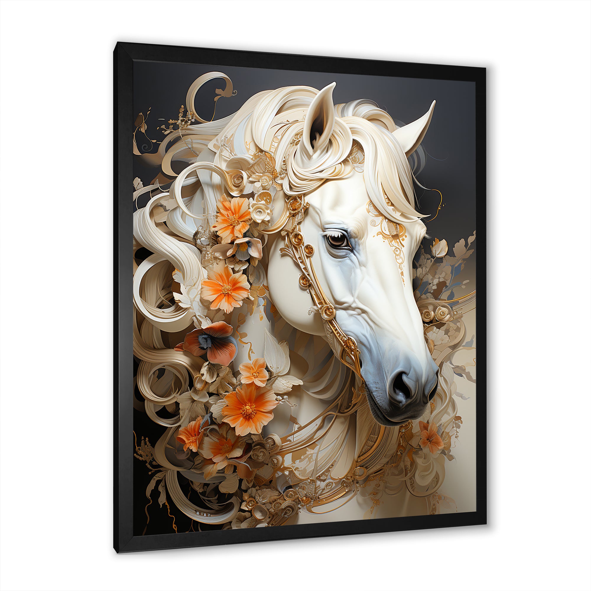 Floral Golden Feminine Horse - Beige Horse Wall Art