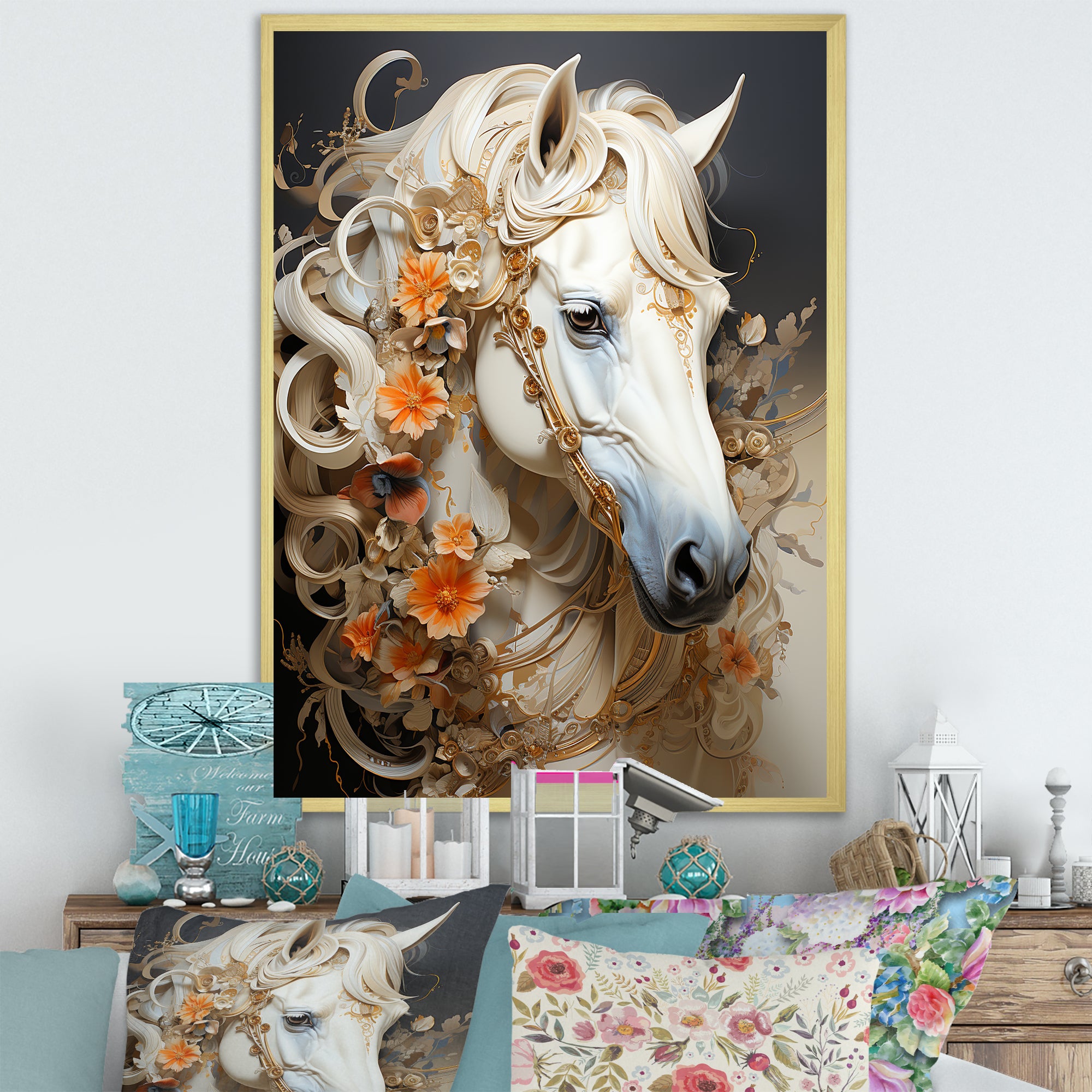 Floral Golden Feminine Horse - Beige Horse Wall Art