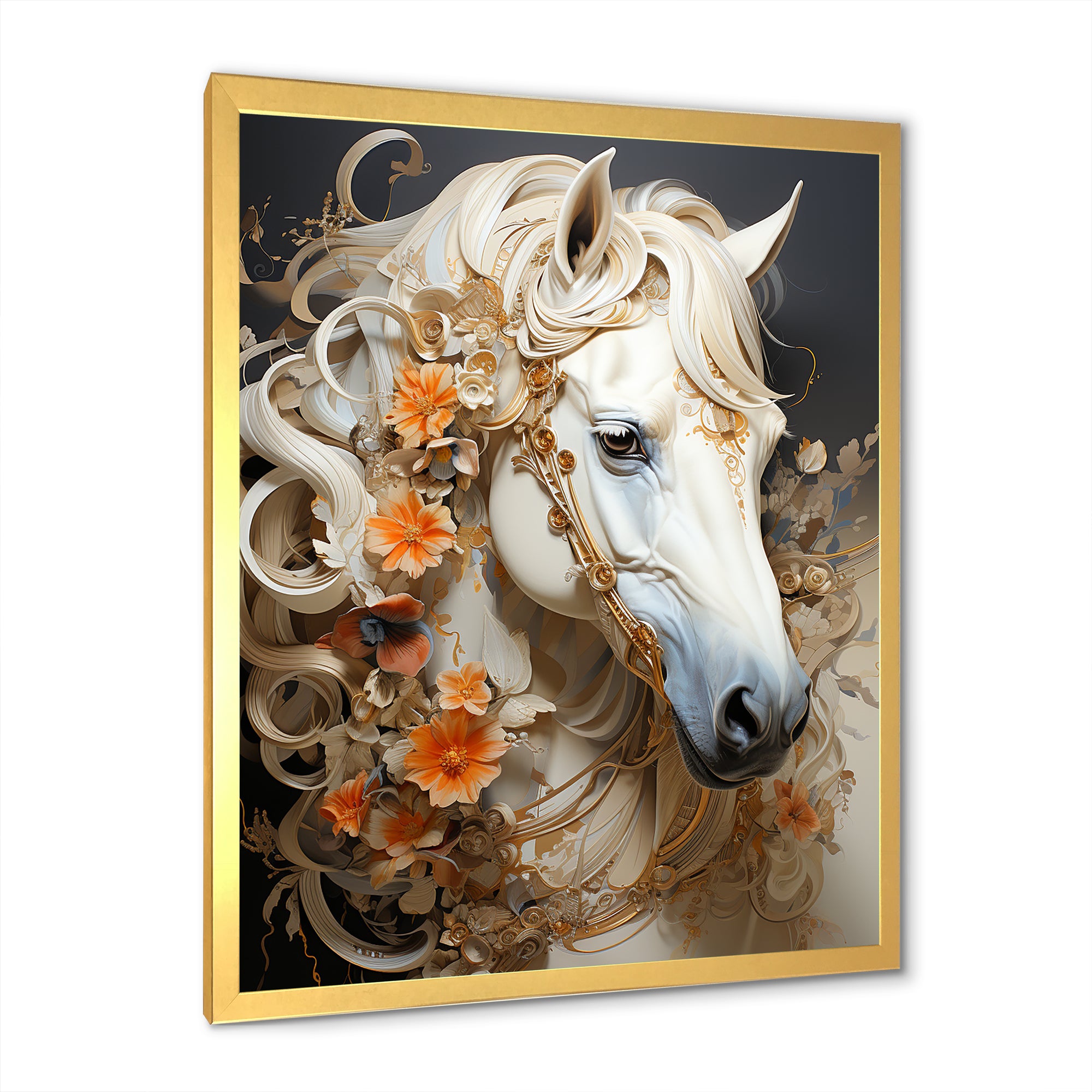 Floral Golden Feminine Horse - Beige Horse Wall Art