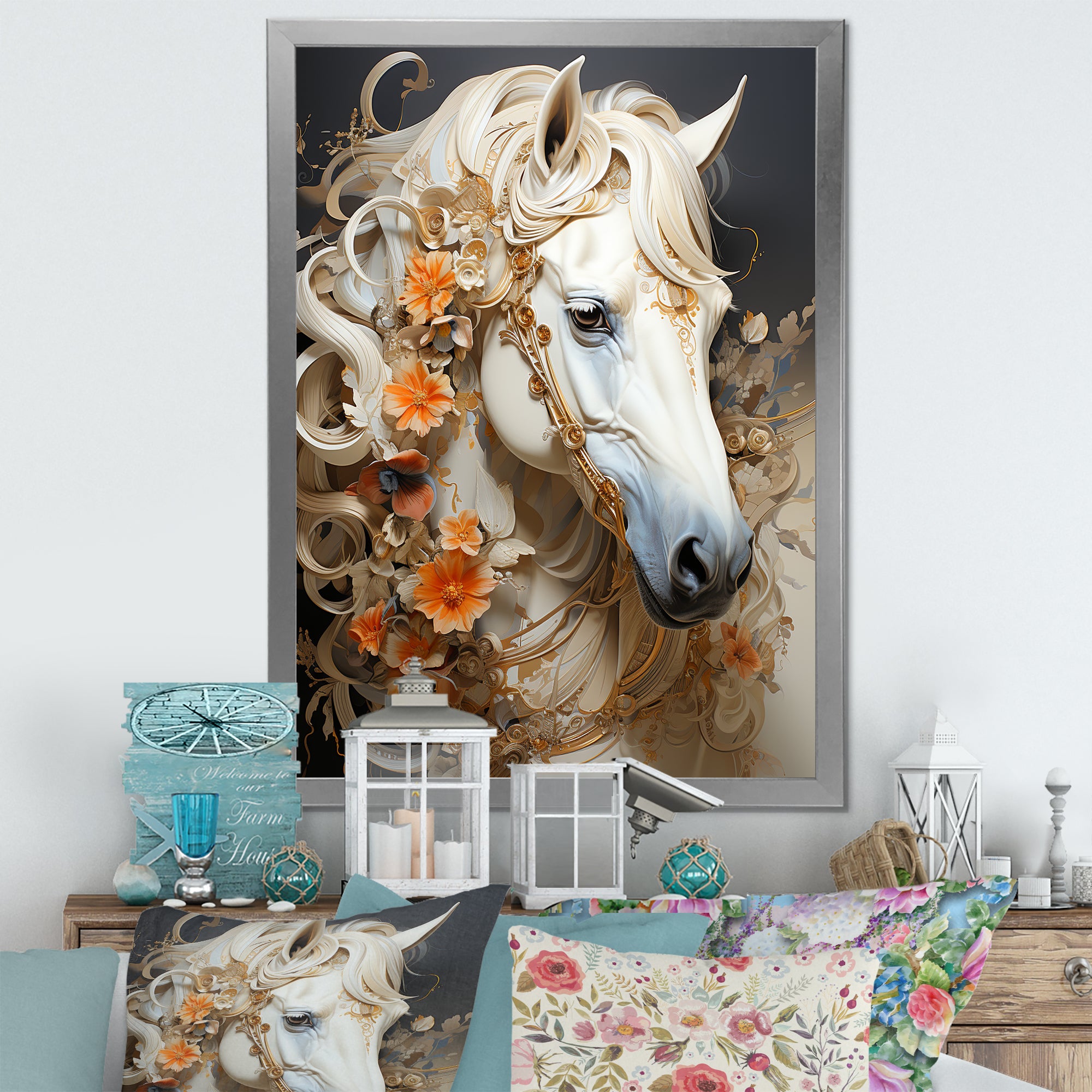 Floral Golden Feminine Horse - Beige Horse Wall Art