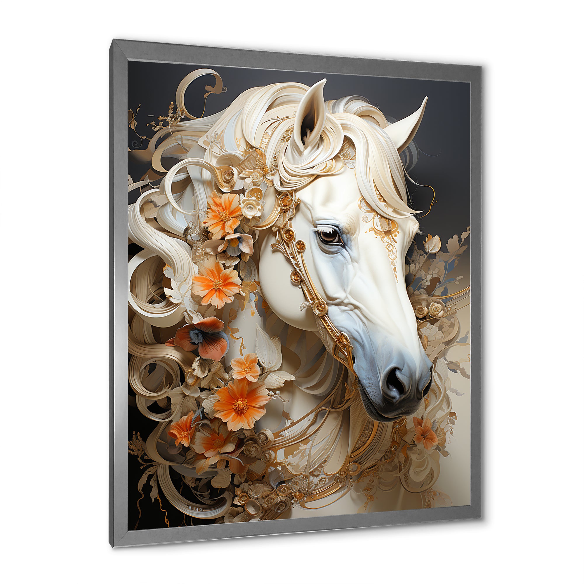 Floral Golden Feminine Horse - Beige Horse Wall Art