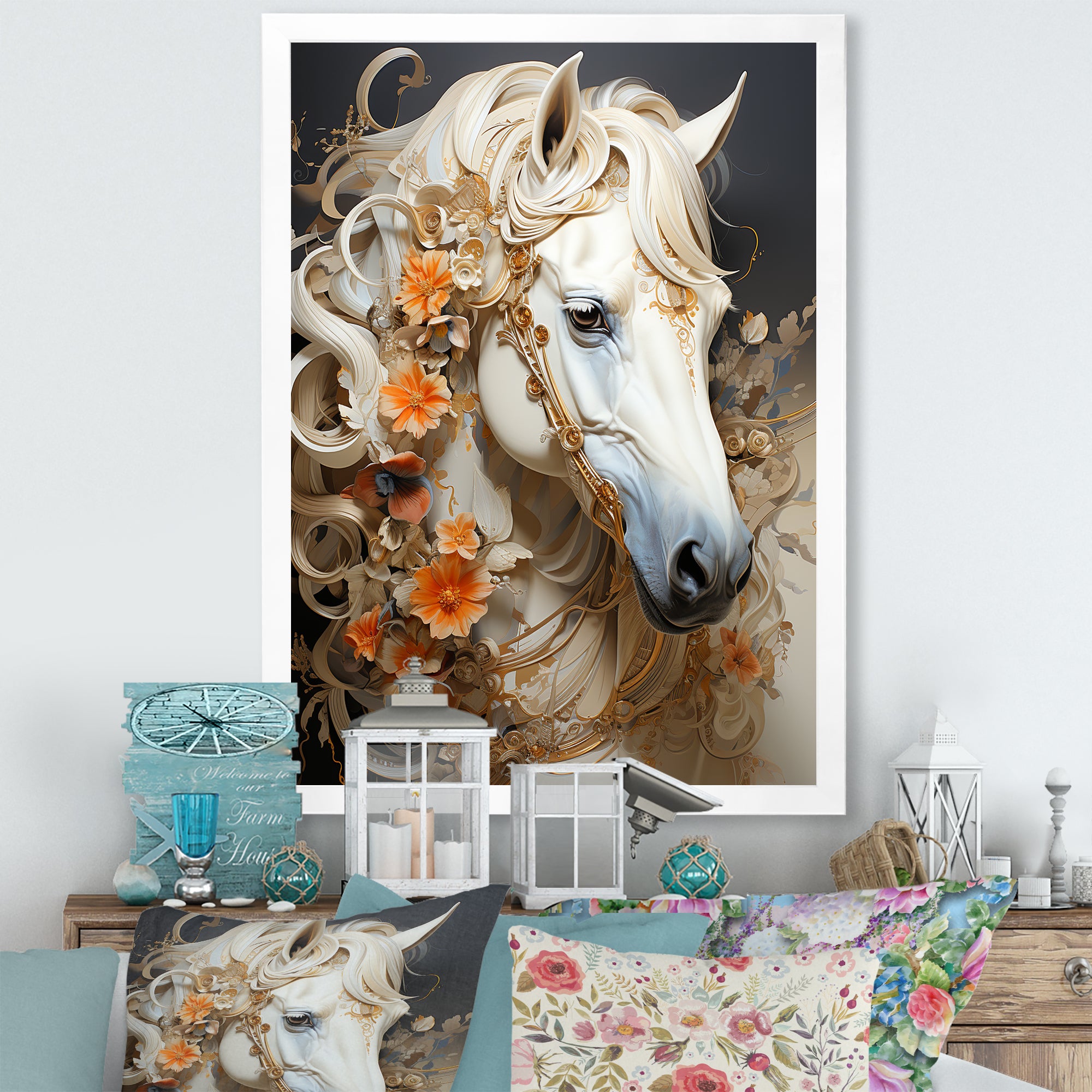 Floral Golden Feminine Horse - Beige Horse Wall Art