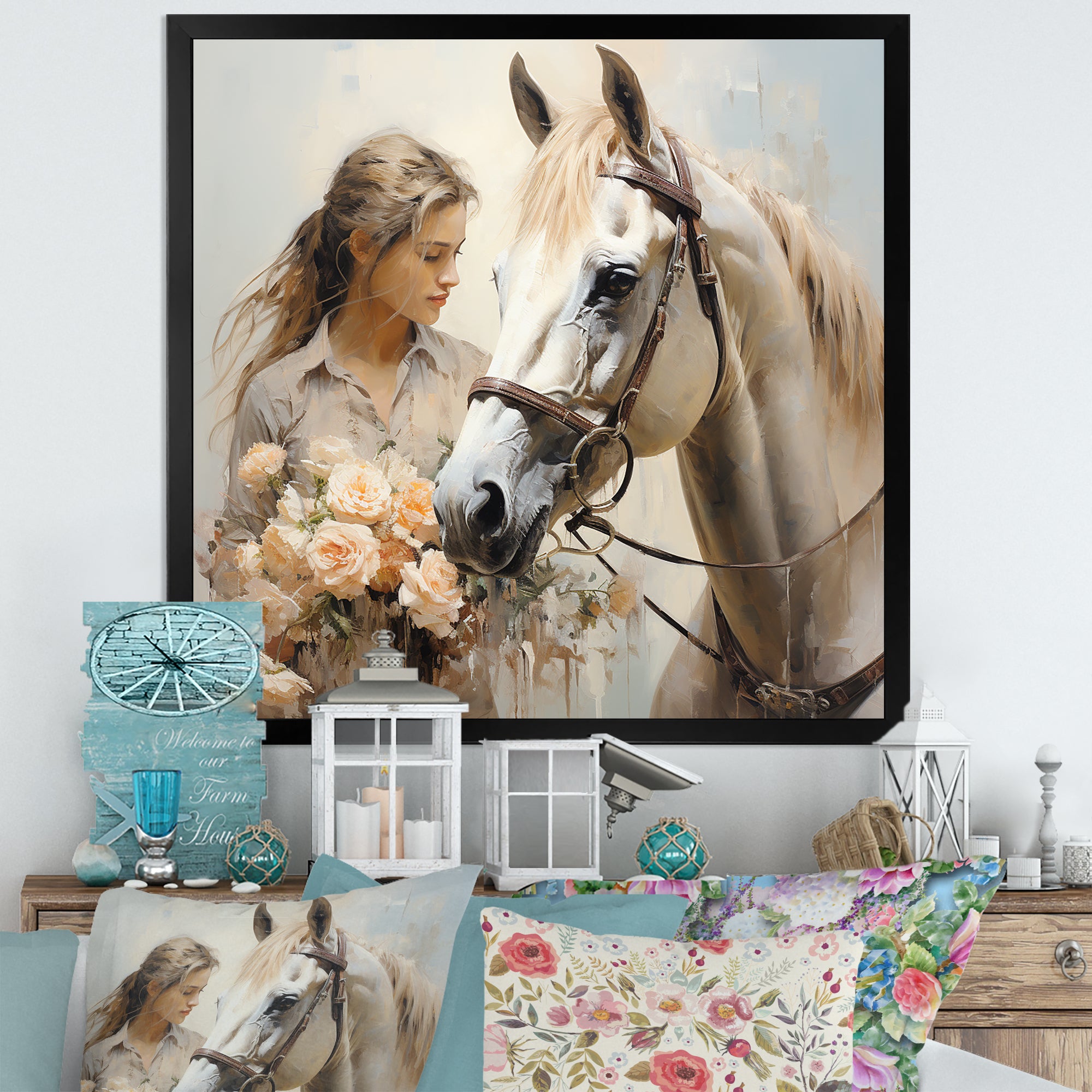 Playful Flower Horse Beauty - Beige Horse Wall Art