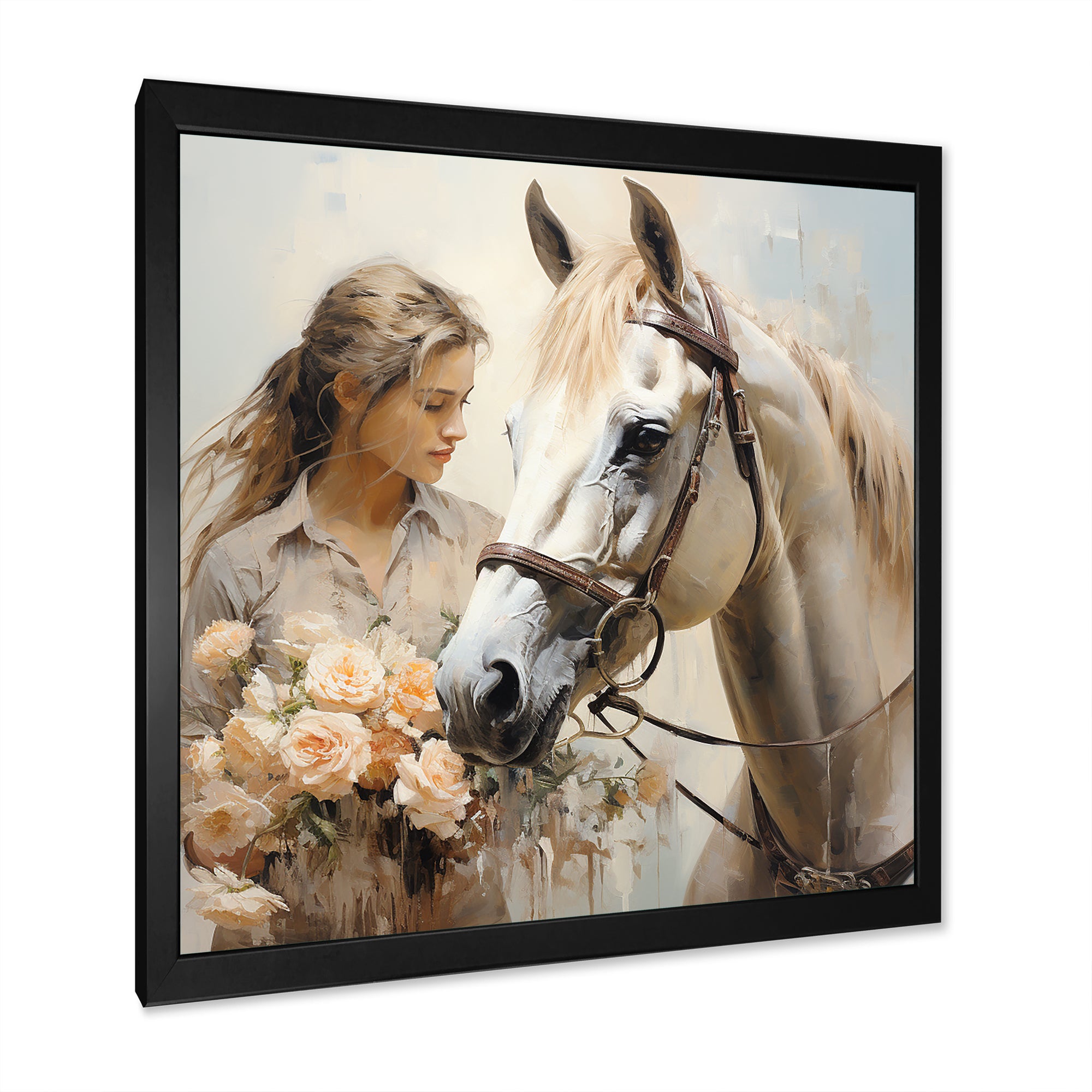 Playful Flower Horse Beauty - Beige Horse Wall Art