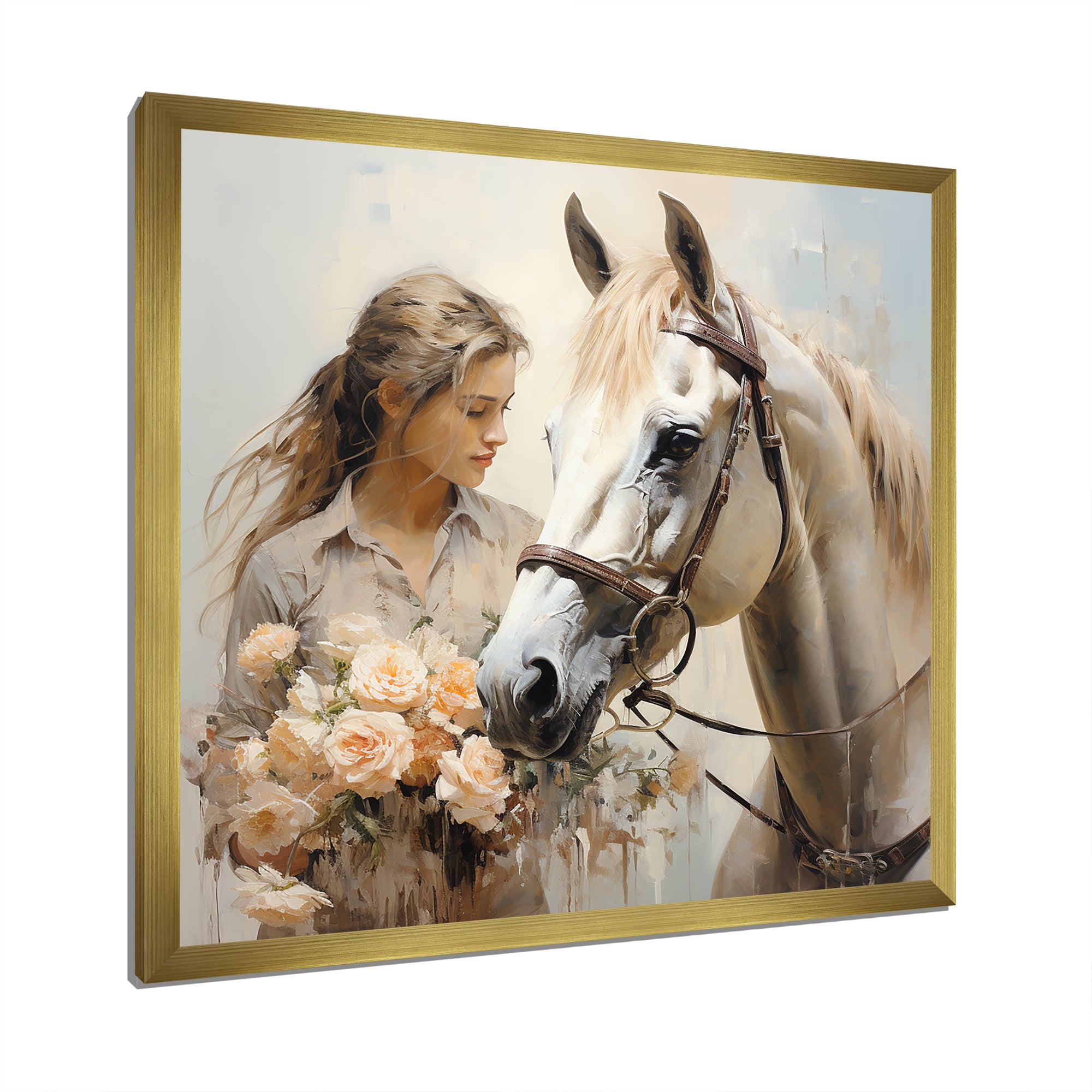 Playful Flower Horse Beauty - Beige Horse Wall Art