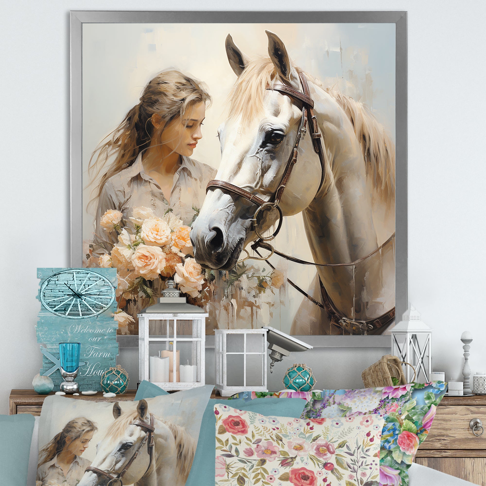 Playful Flower Horse Beauty - Beige Horse Wall Art