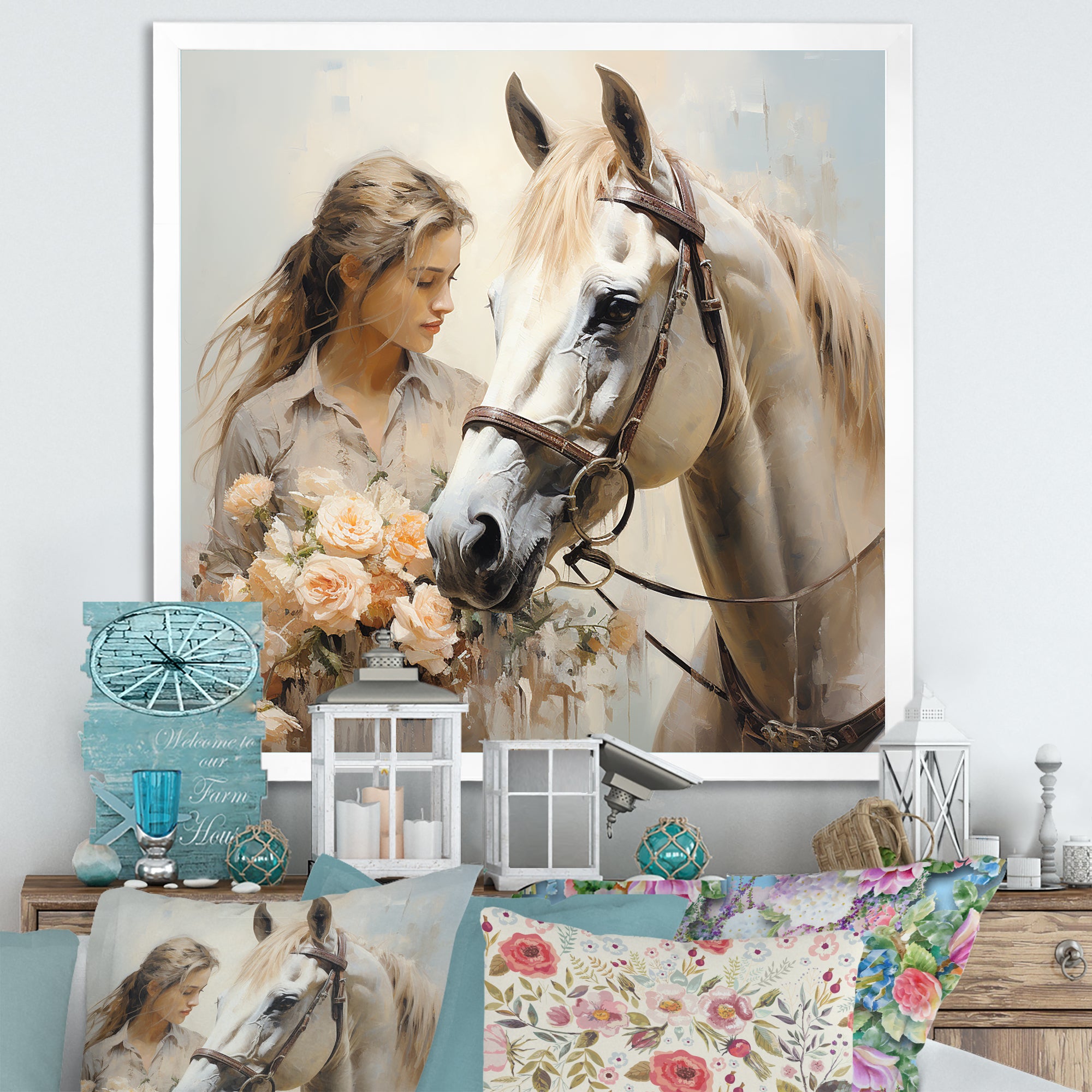 Playful Flower Horse Beauty - Beige Horse Wall Art