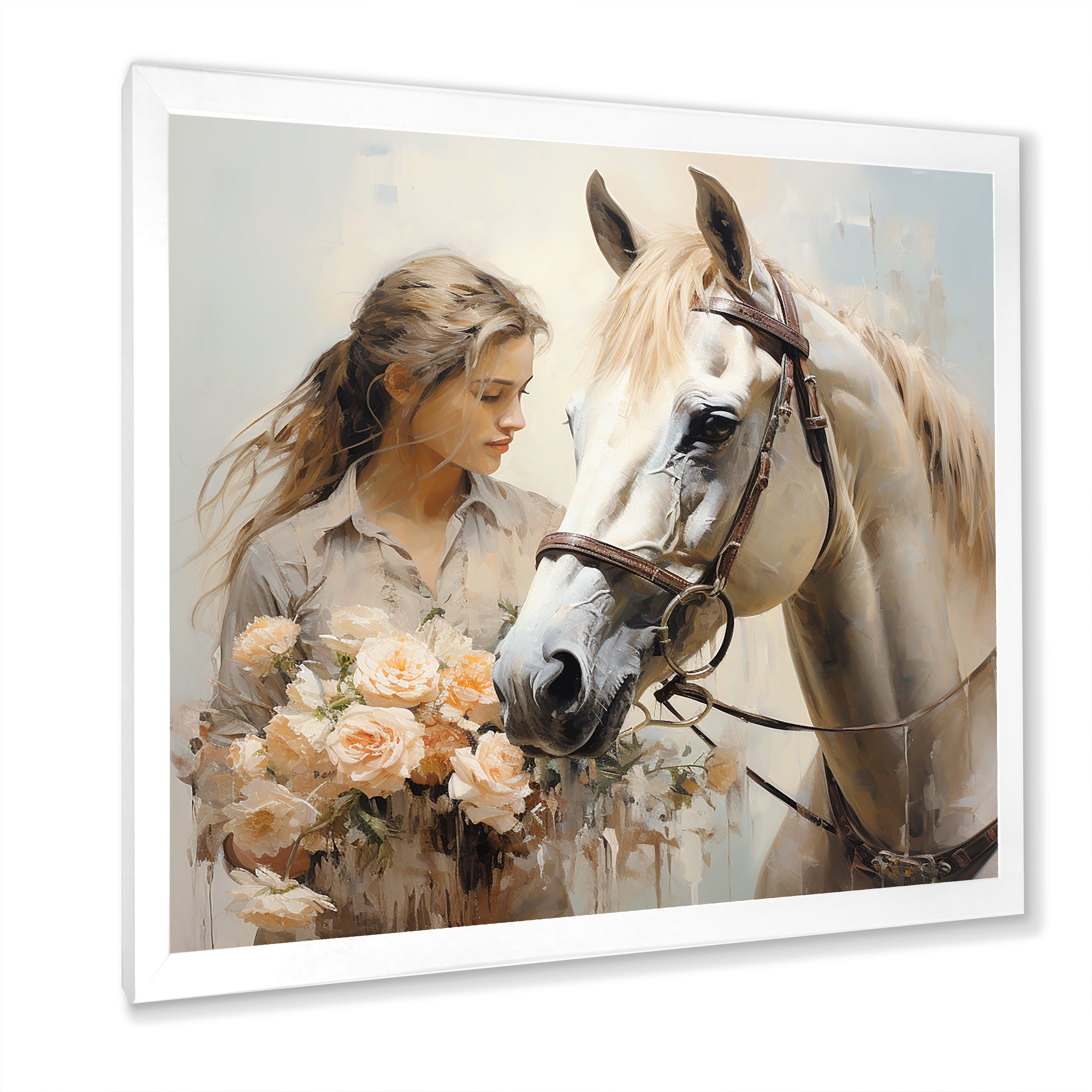 Playful Flower Horse Beauty - Beige Horse Wall Art