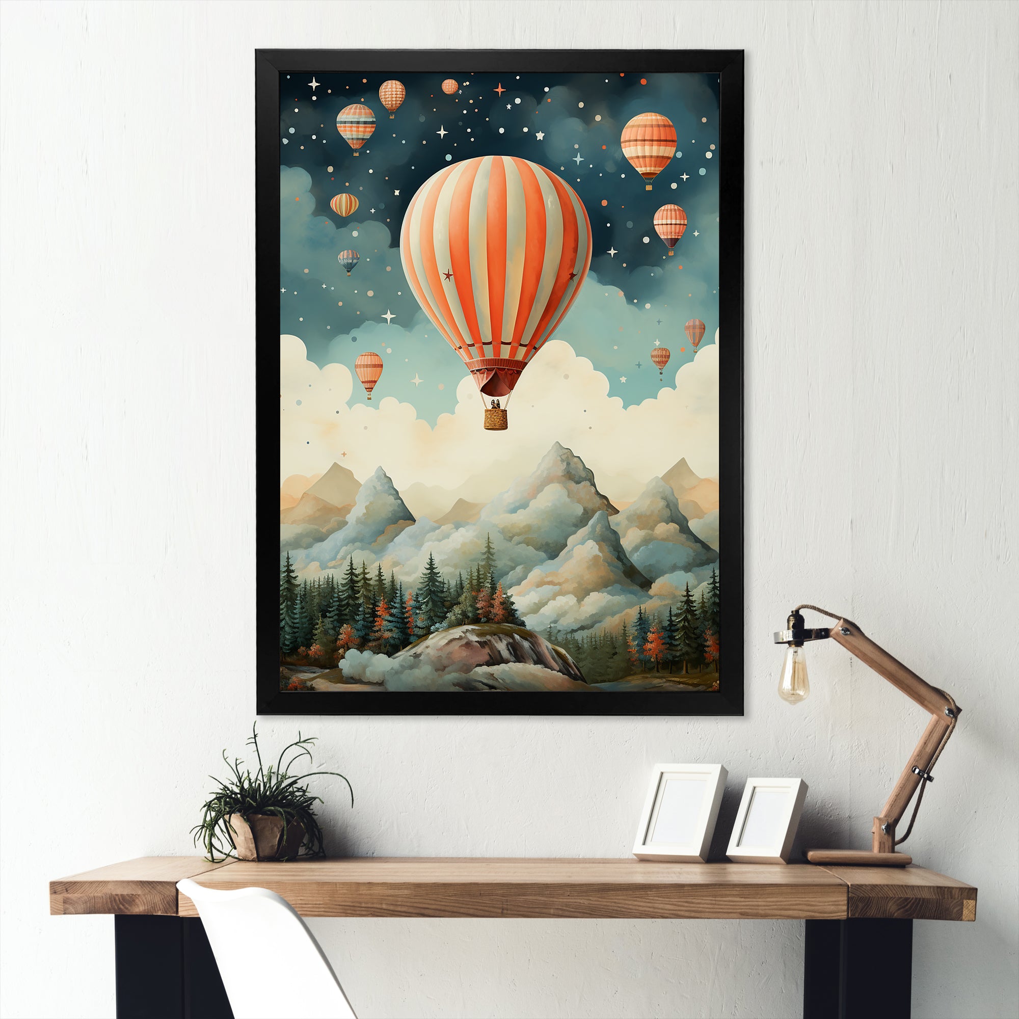 A Classic Art Study Of A Hot Air Balloon In Flight Mountain View - Hot Air Balloon Canvas Wall Art