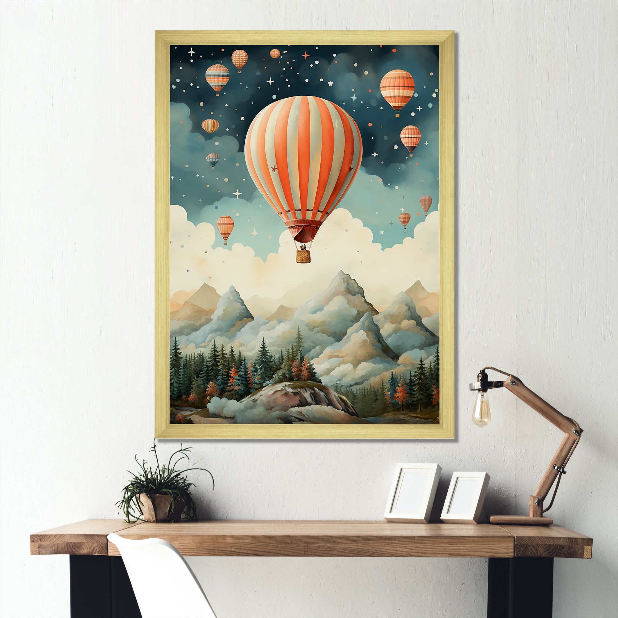 A Classic Art Study Of A Hot Air Balloon In Flight Mountain View - Hot Air Balloon Canvas Wall Art