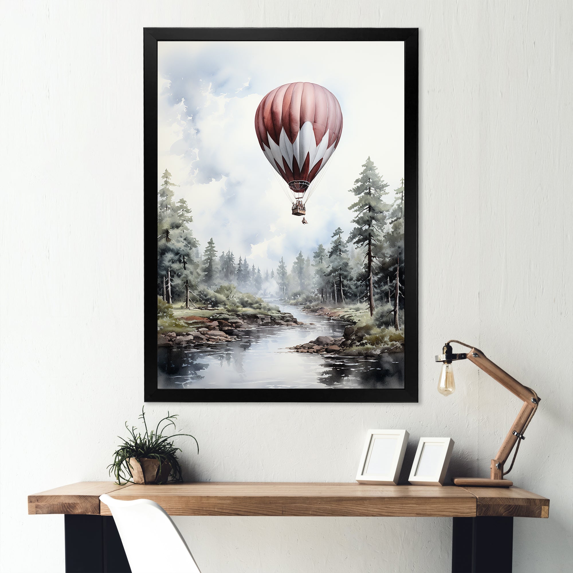 Monochrome Forest Balloon Flight - Hot Air Balloon Canvas Wall Art