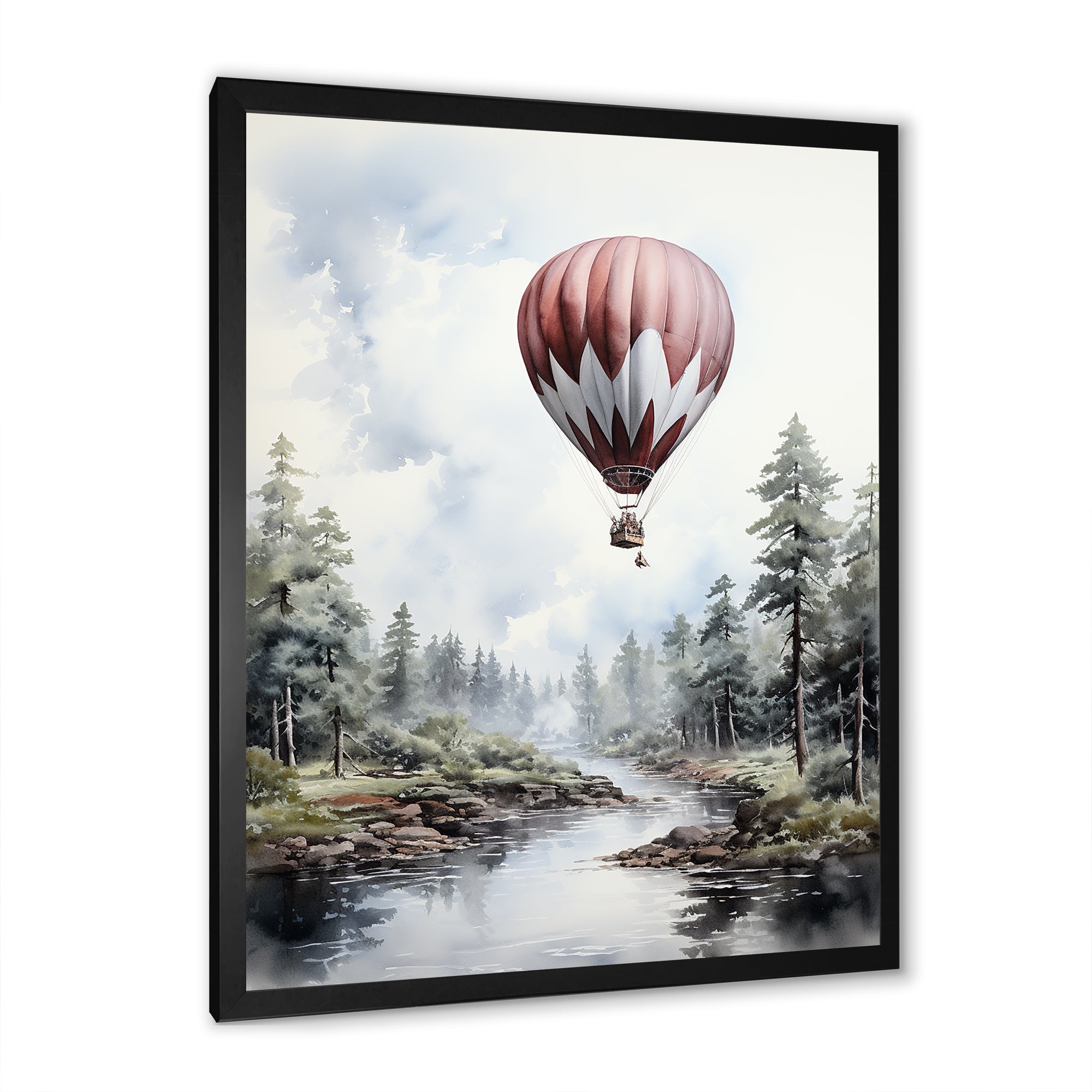 Monochrome Forest Balloon Flight - Hot Air Balloon Canvas Wall Art