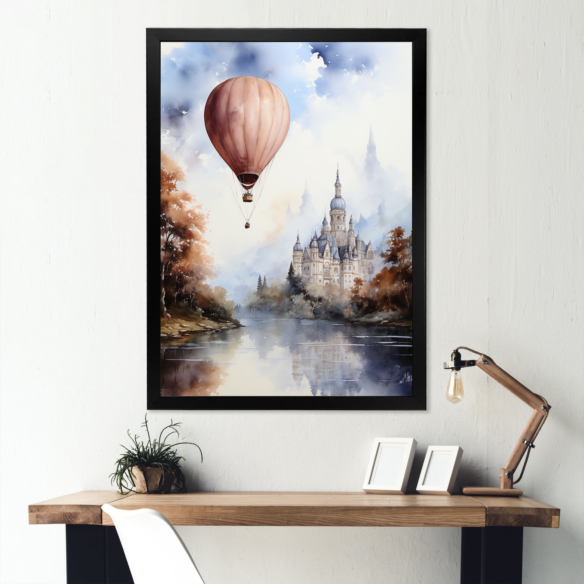 Monochrome Castle Balloon Flight - Hot Air Balloon Canvas Wall Art