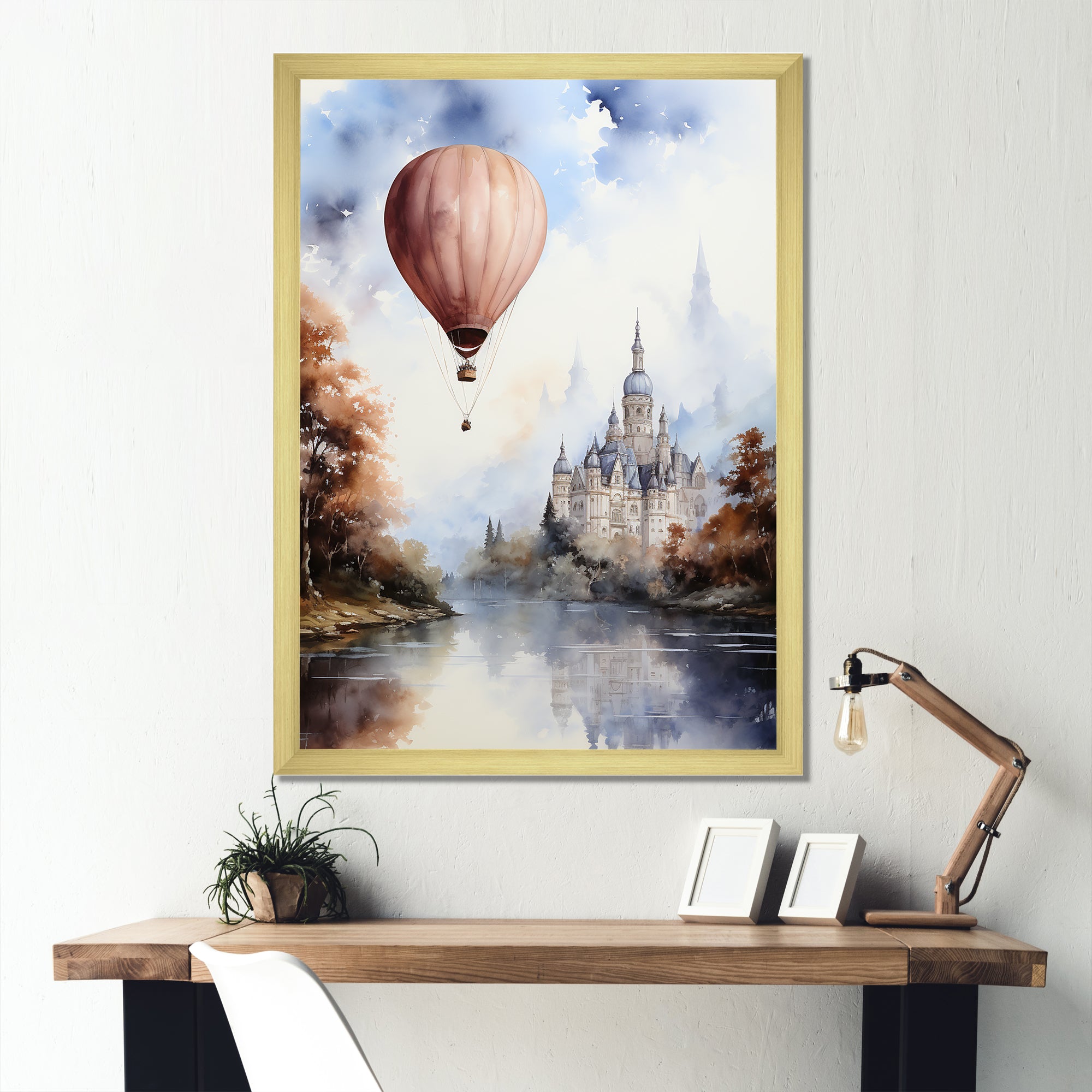 Monochrome Castle Balloon Flight - Hot Air Balloon Canvas Wall Art