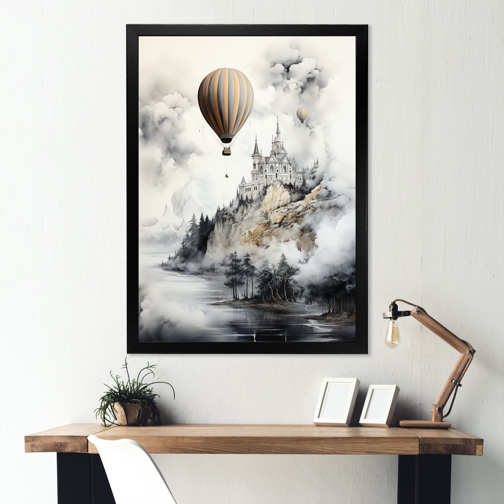 Monochrome Moody Castle Balloon Flight - Hot Air Balloon Canvas Wall Art