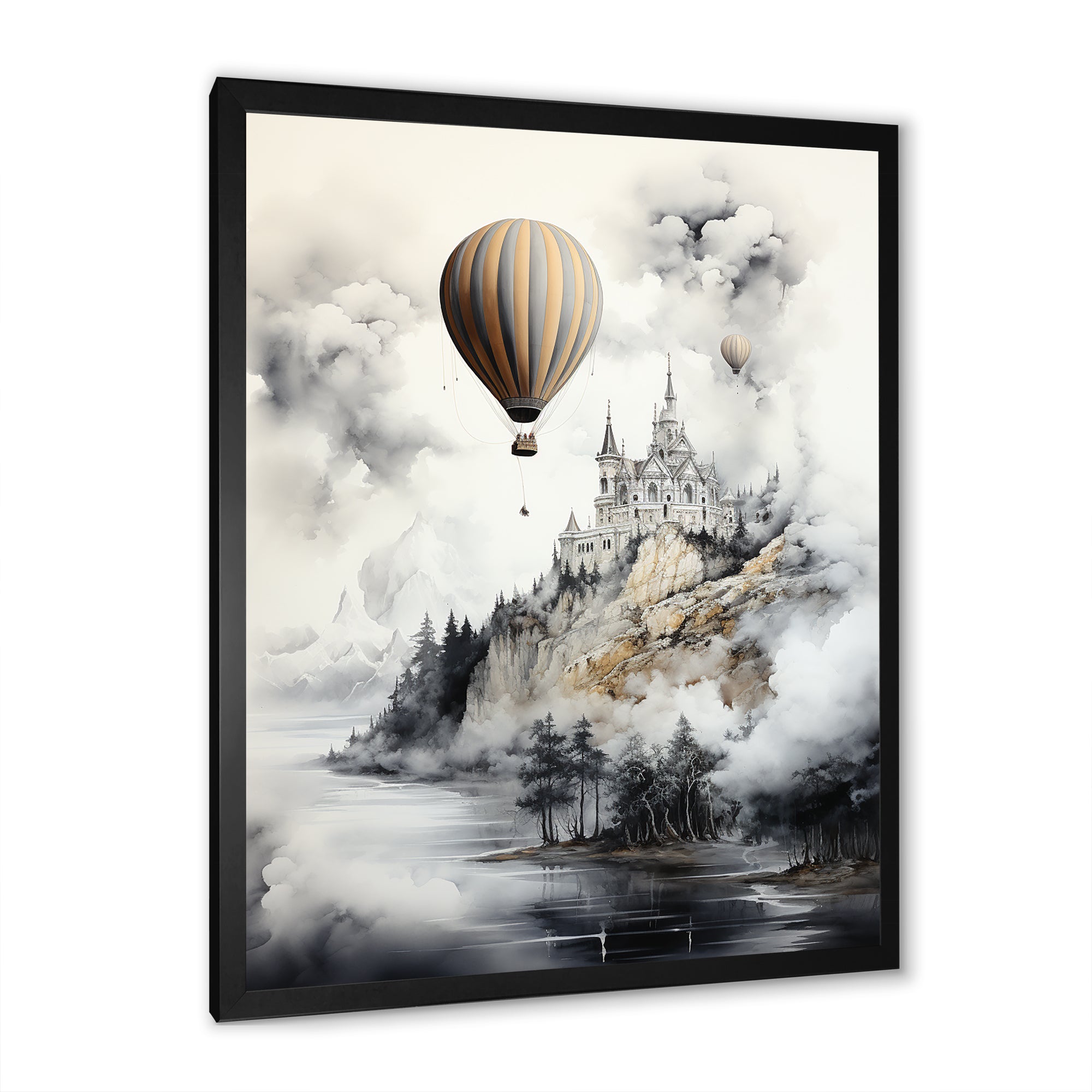Monochrome Moody Castle Balloon Flight - Hot Air Balloon Canvas Wall Art