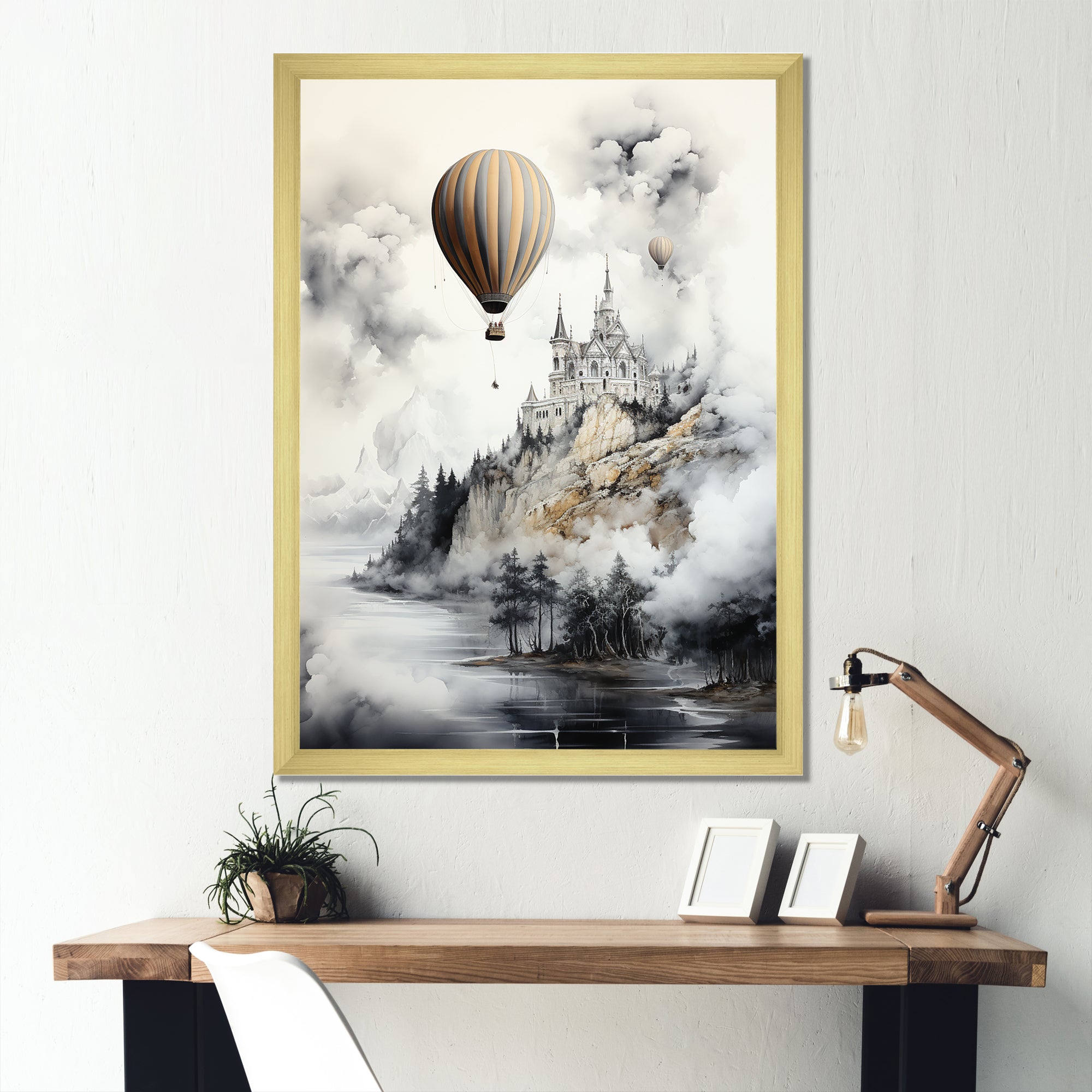 Monochrome Moody Castle Balloon Flight - Hot Air Balloon Canvas Wall Art