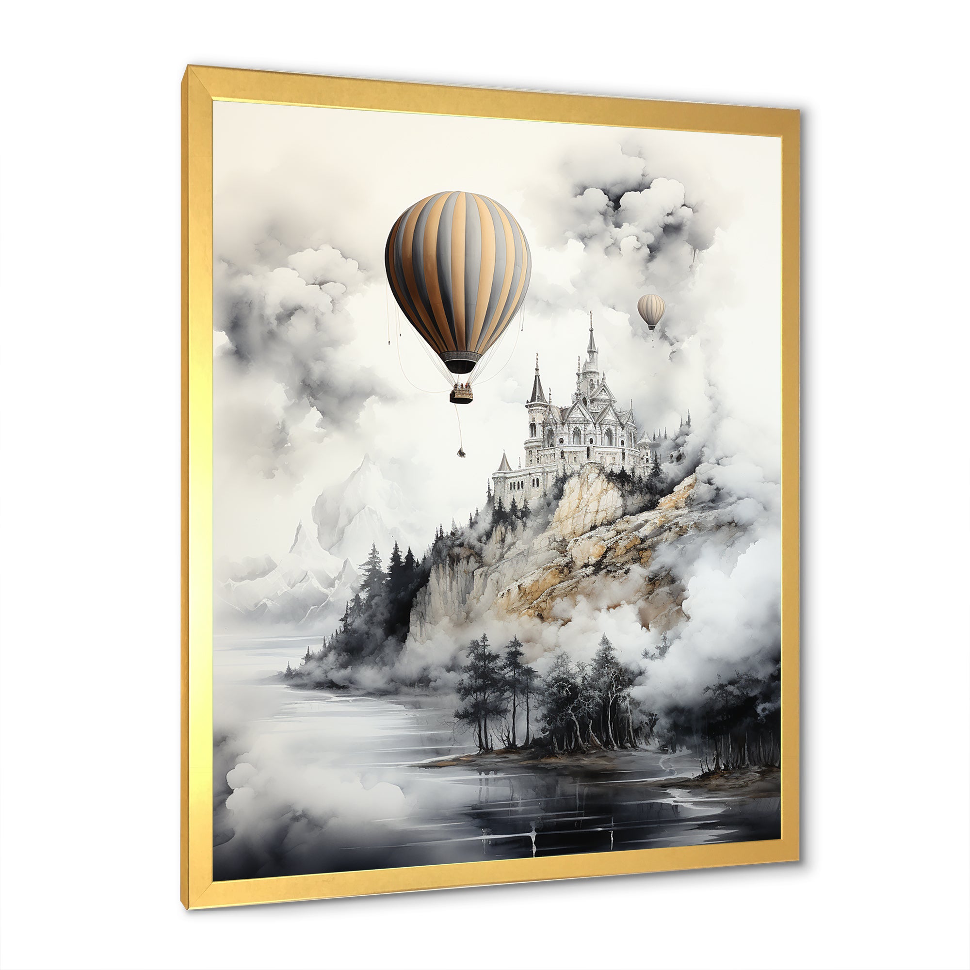 Monochrome Moody Castle Balloon Flight - Hot Air Balloon Canvas Wall Art