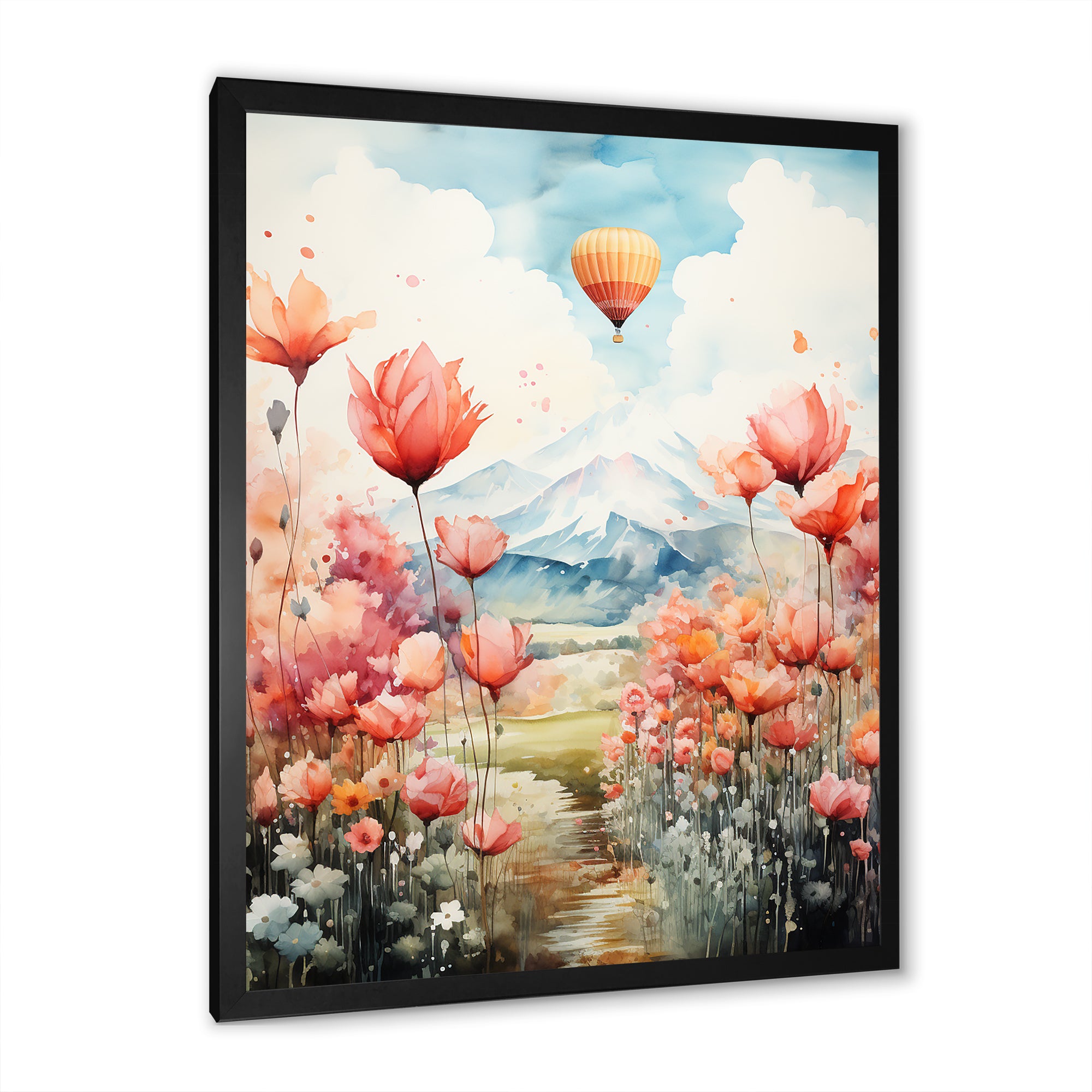 Floral Fields Hot Air Ballon Colorful Ascent - Hot Air Balloon Canvas Wall Art
