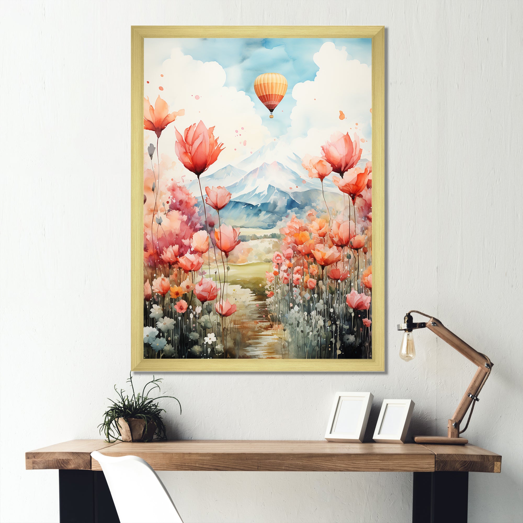 Floral Fields Hot Air Ballon Colorful Ascent - Hot Air Balloon Canvas Wall Art