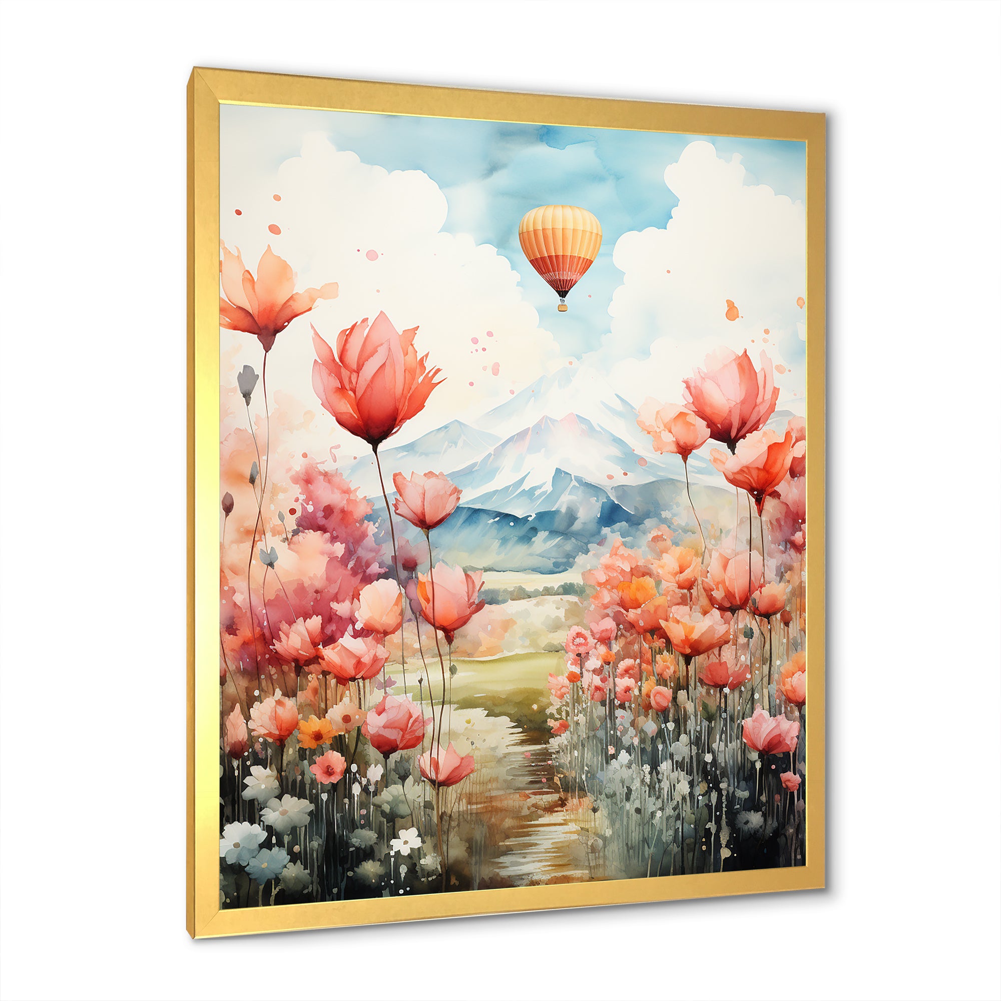 Floral Fields Hot Air Ballon Colorful Ascent - Hot Air Balloon Canvas Wall Art