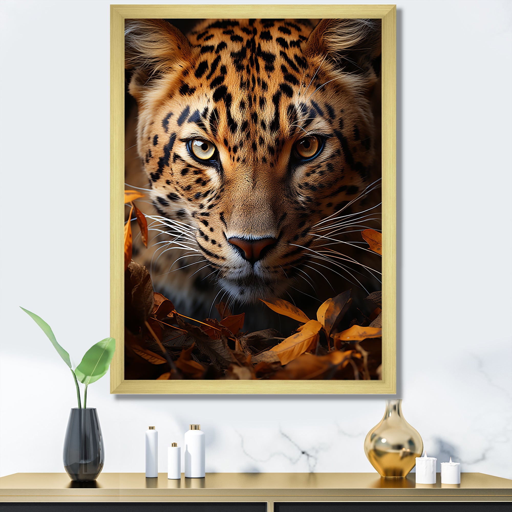 Leopard Golden Stalker Portrait Gaze - Leopard Living Room Wall Art