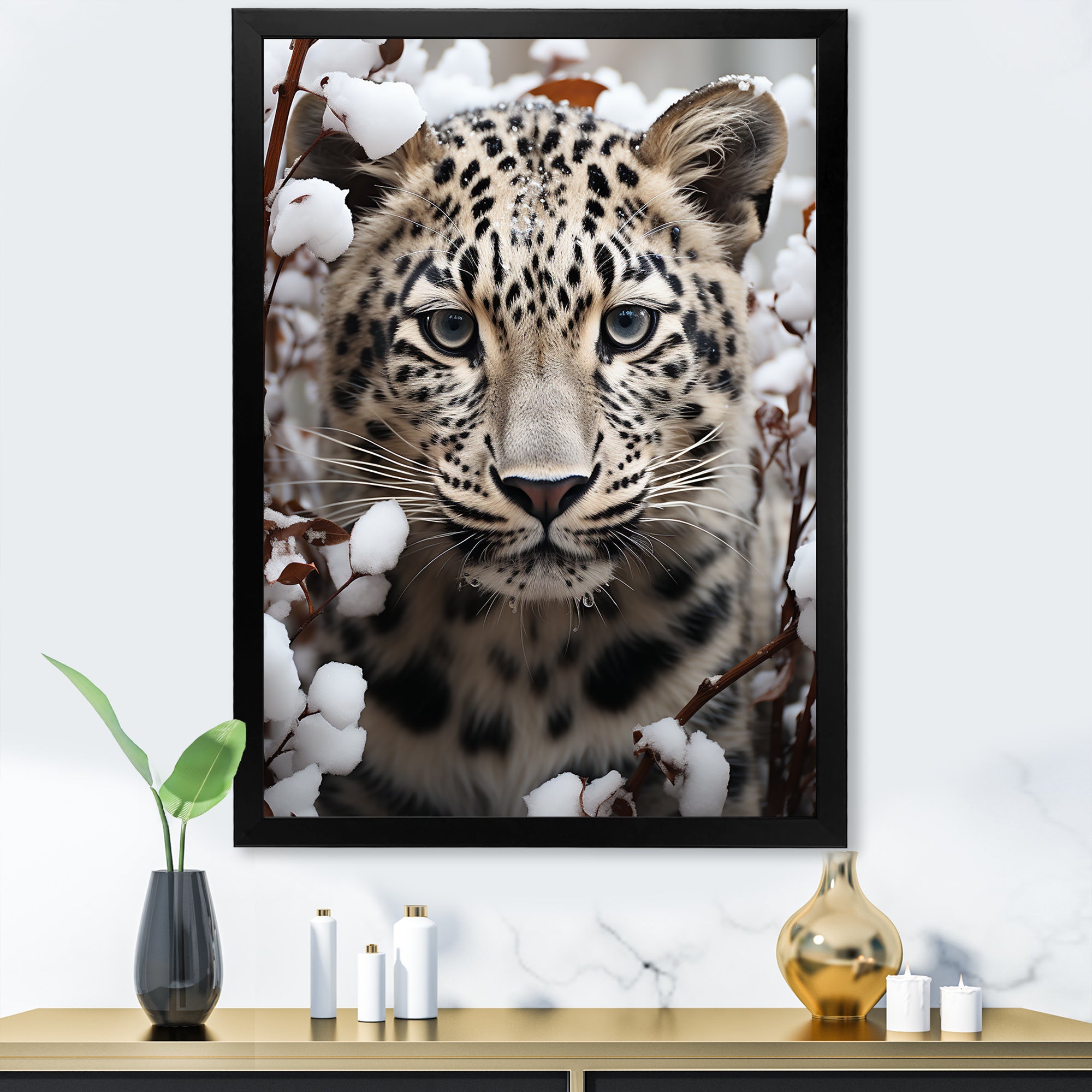 Subdued Majesty Leopard Snow Charm - Leopard Living Room Wall Art